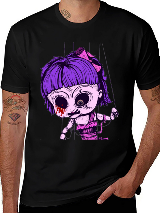 Creepy Doll Puppet Graphic Tee - Black Cotton T-Shirt