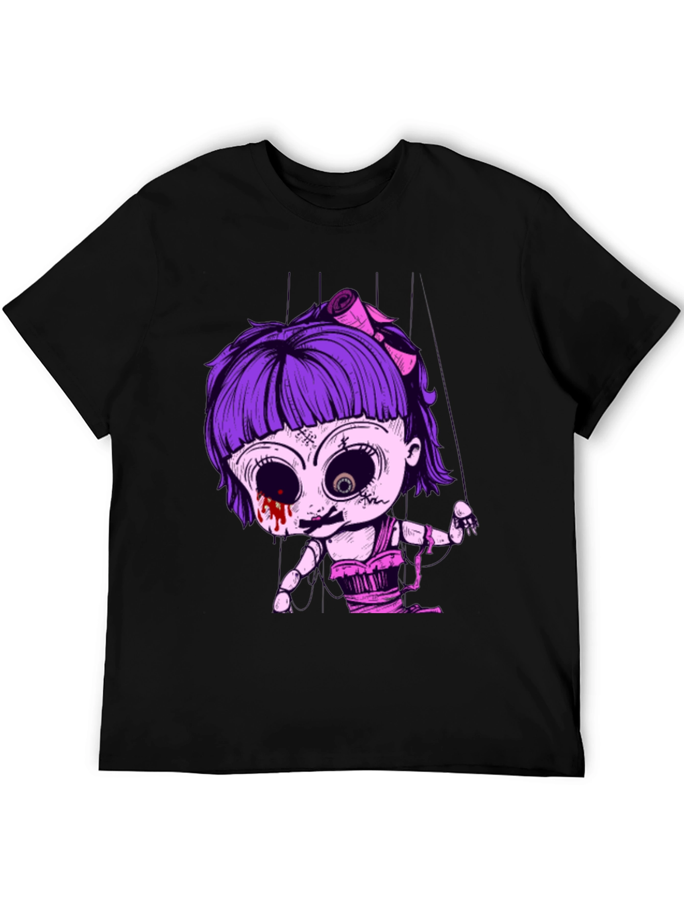 Creepy Doll Puppet Graphic Tee - Black Cotton T-Shirt