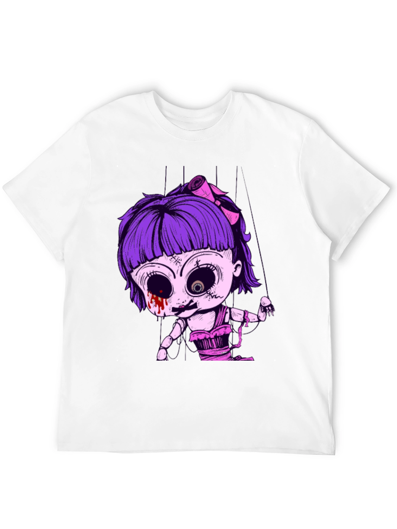 Creepy Doll Puppet Graphic Tee - Black Cotton T-Shirt
