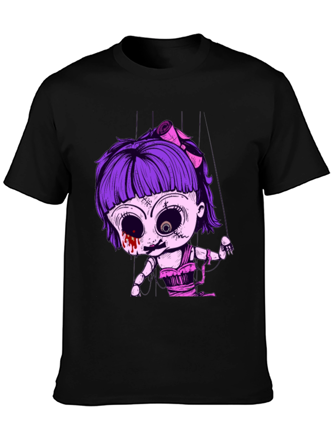 Creepy Doll Puppet Graphic Tee - Black Cotton T-Shirt