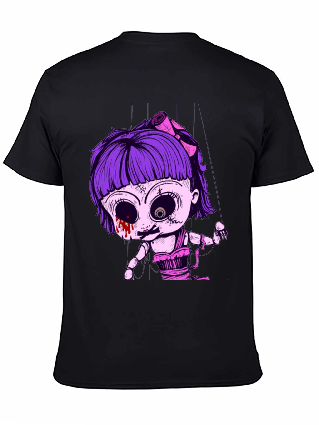 Creepy Doll Puppet Graphic Tee - Black Cotton T-Shirt