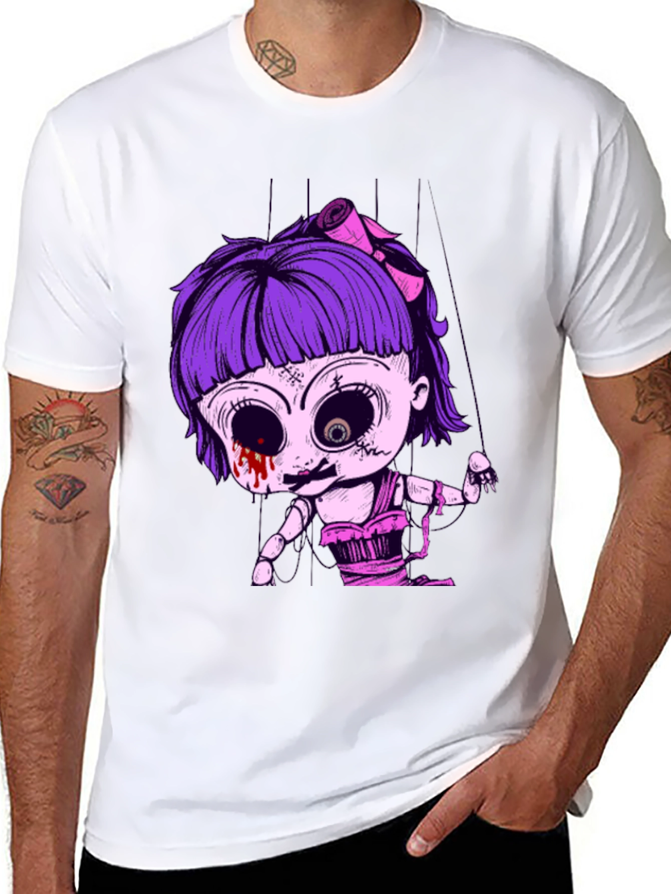Creepy Doll Puppet Graphic Tee - Black Cotton T-Shirt