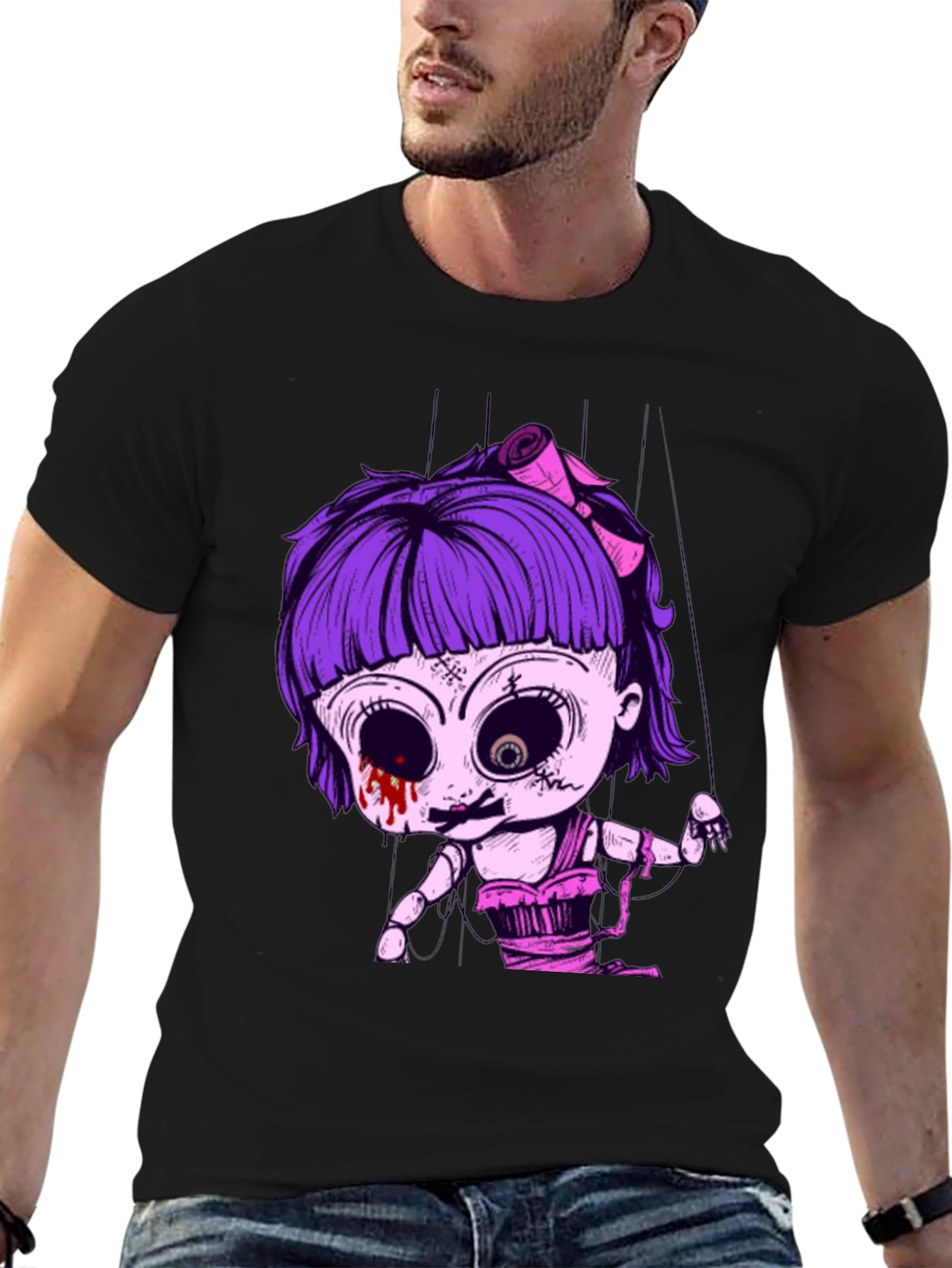 Creepy Doll Puppet Graphic Tee - Black Cotton T-Shirt