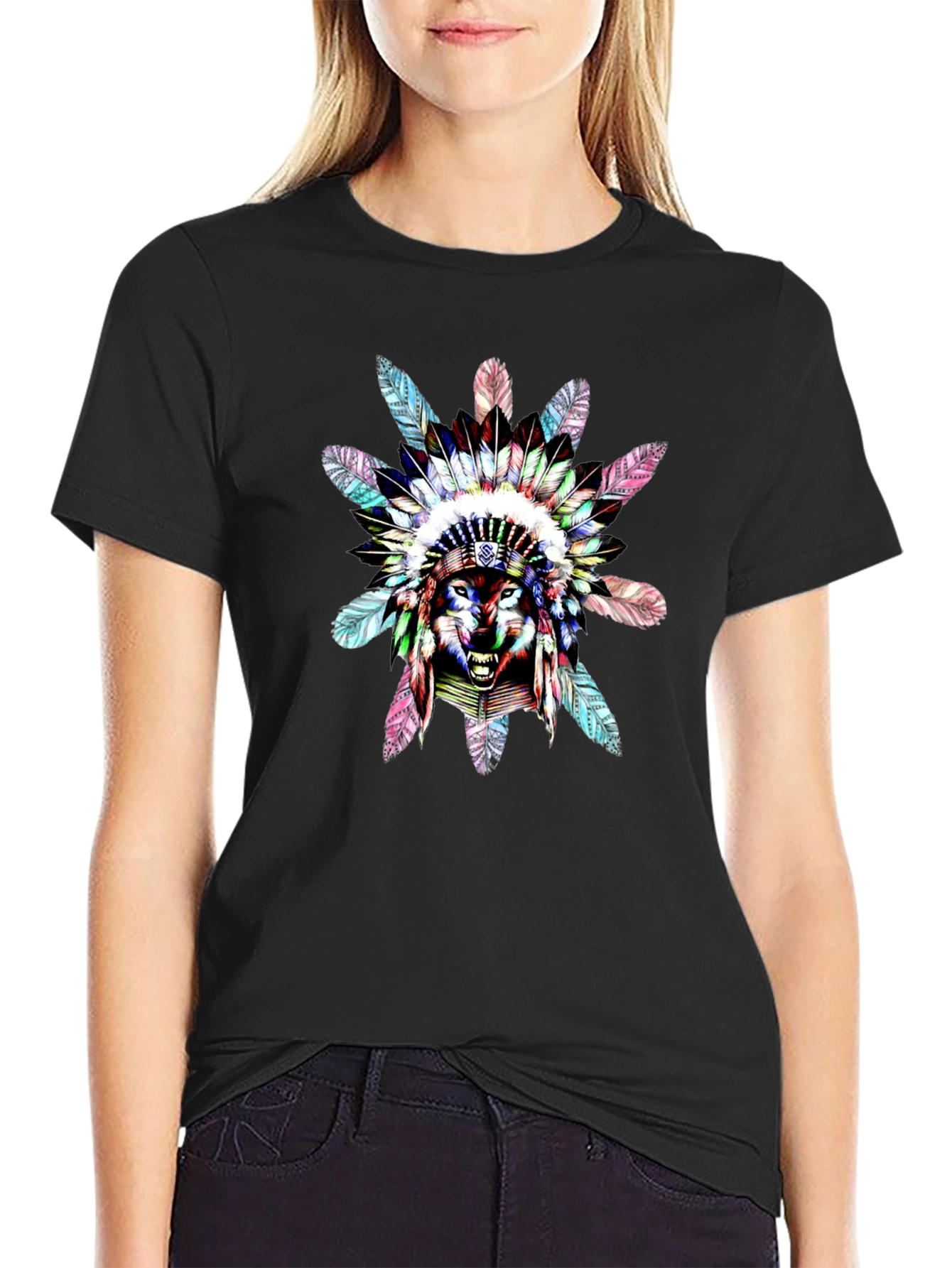 Wolf Headdress Graphic Black T-Shirt