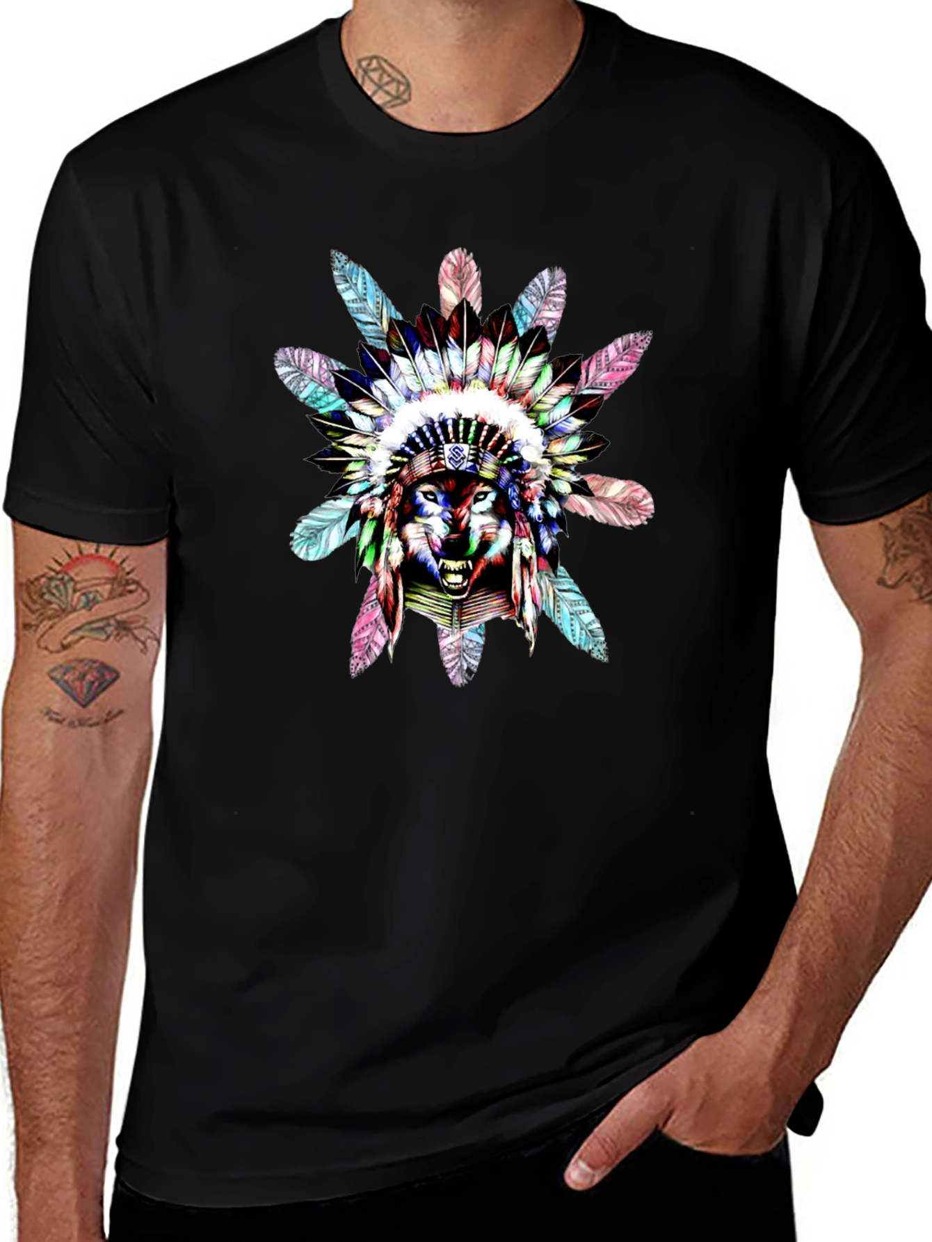 Wolf Headdress Graphic Black T-Shirt