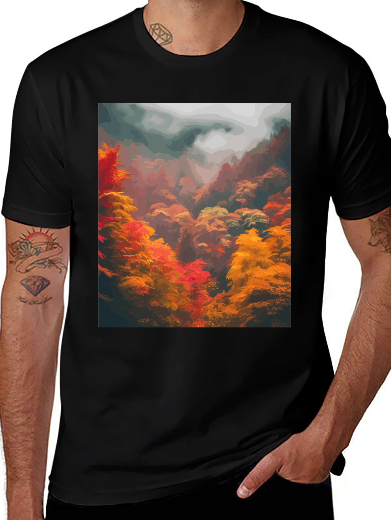 Autumn Forest Graphic Tee - Soft Black Cotton