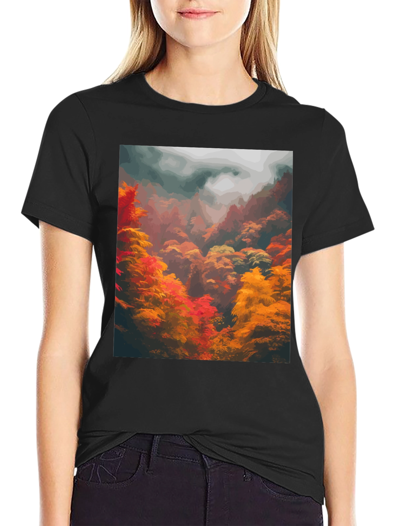 Autumn Forest Graphic Tee - Soft Black Cotton