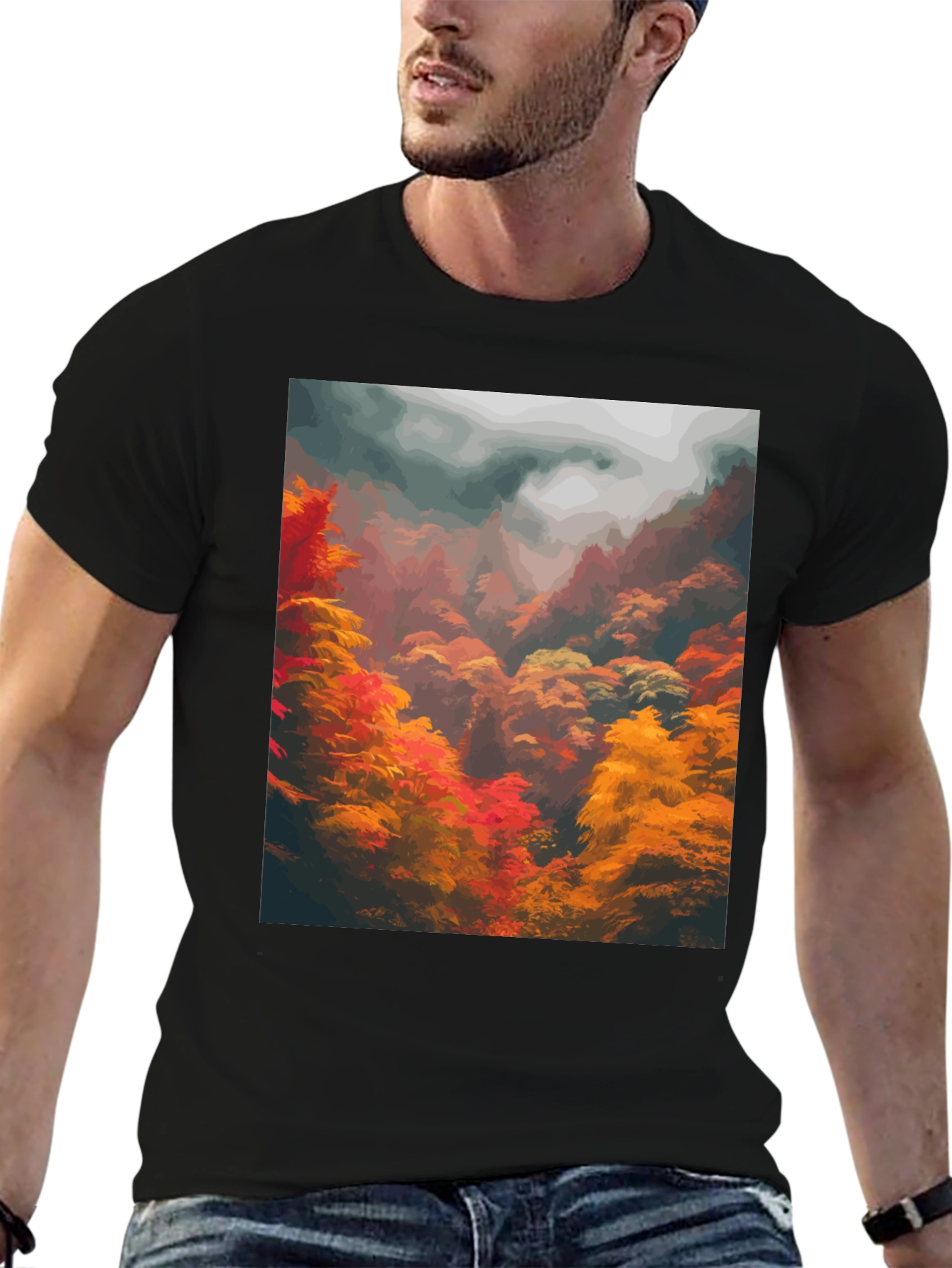 Autumn Forest Graphic Tee - Soft Black Cotton
