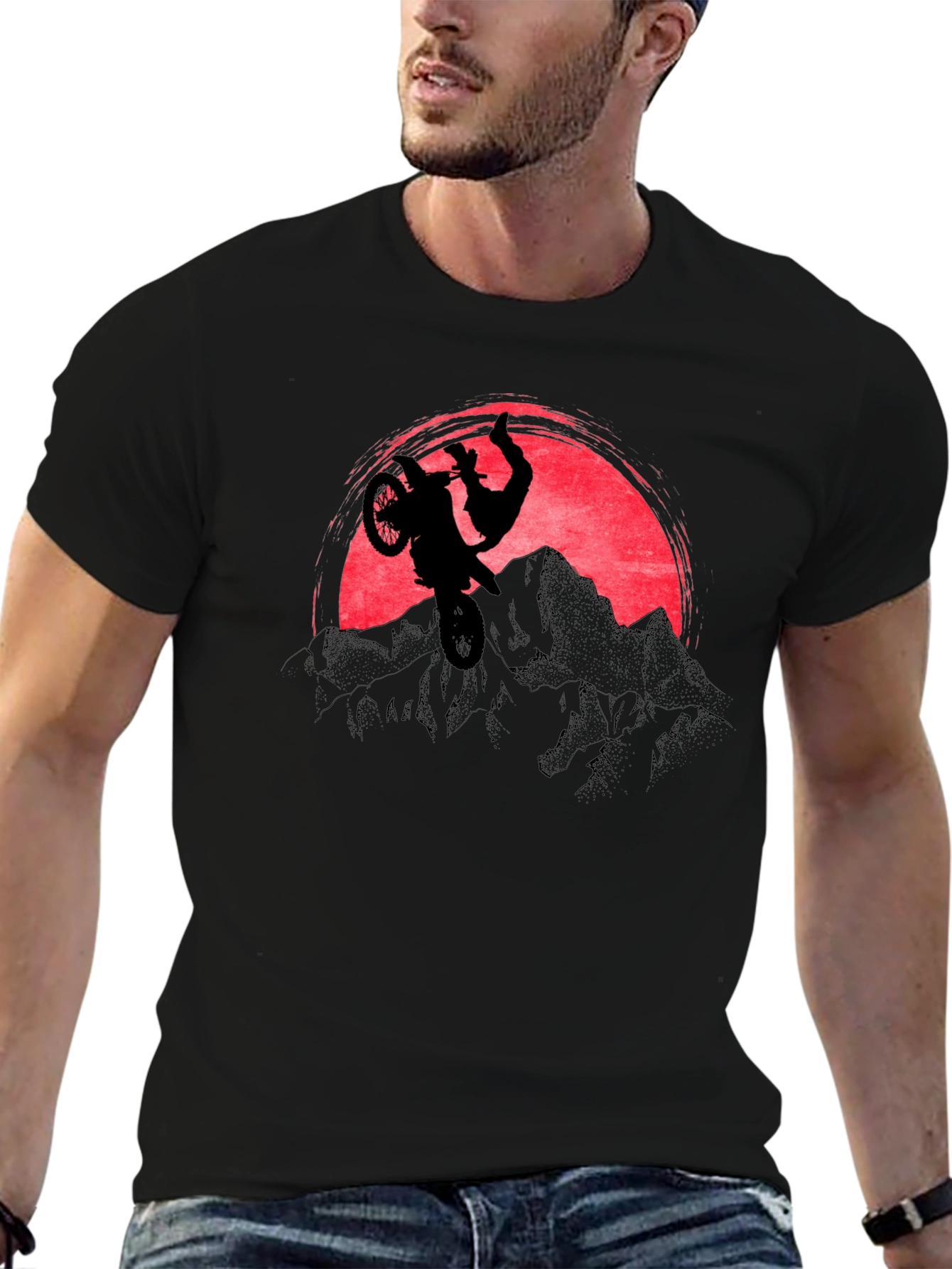 Motorcycle Stunt Graphic T-Shirt - Mountain Sunset Design