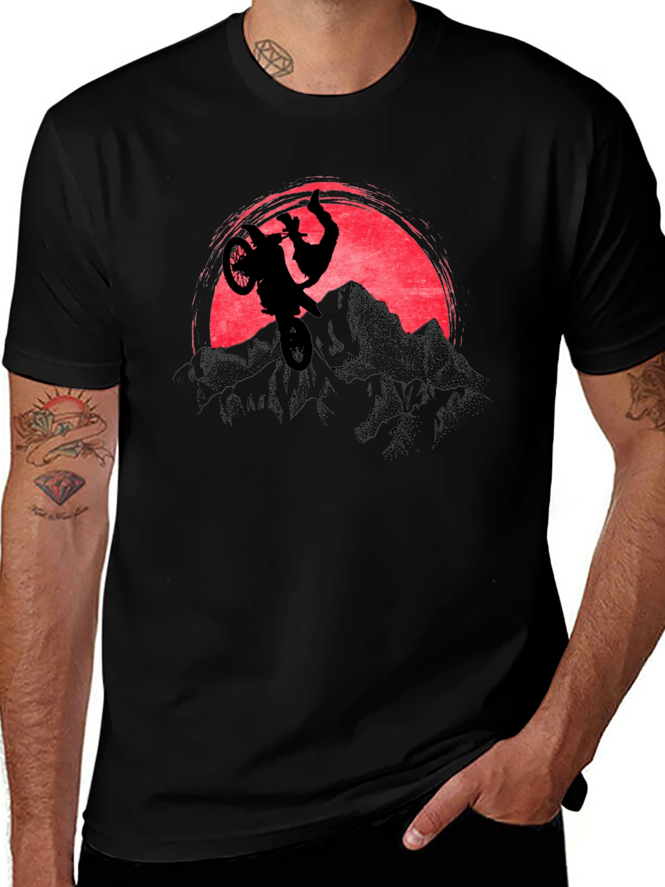 Motorcycle Stunt Graphic T-Shirt - Mountain Sunset Design
