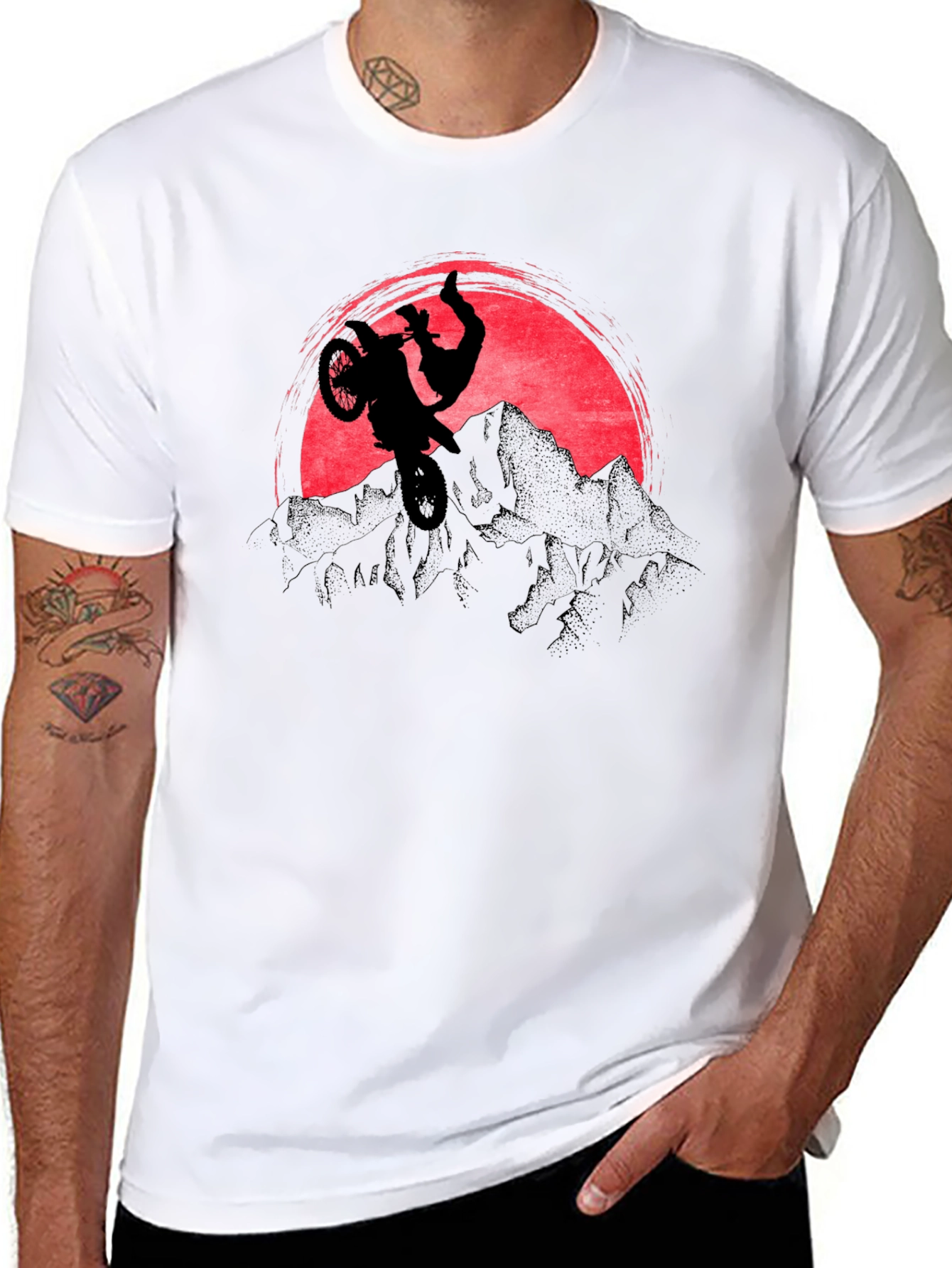 Motorcycle Stunt Graphic T-Shirt - Mountain Sunset Design