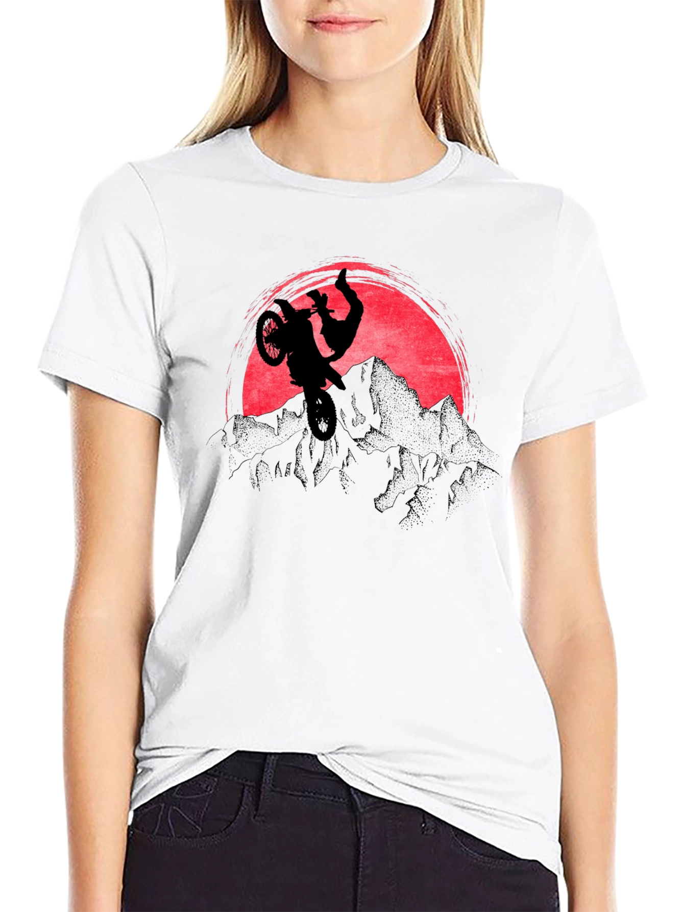 Motorcycle Stunt Graphic T-Shirt - Mountain Sunset Design