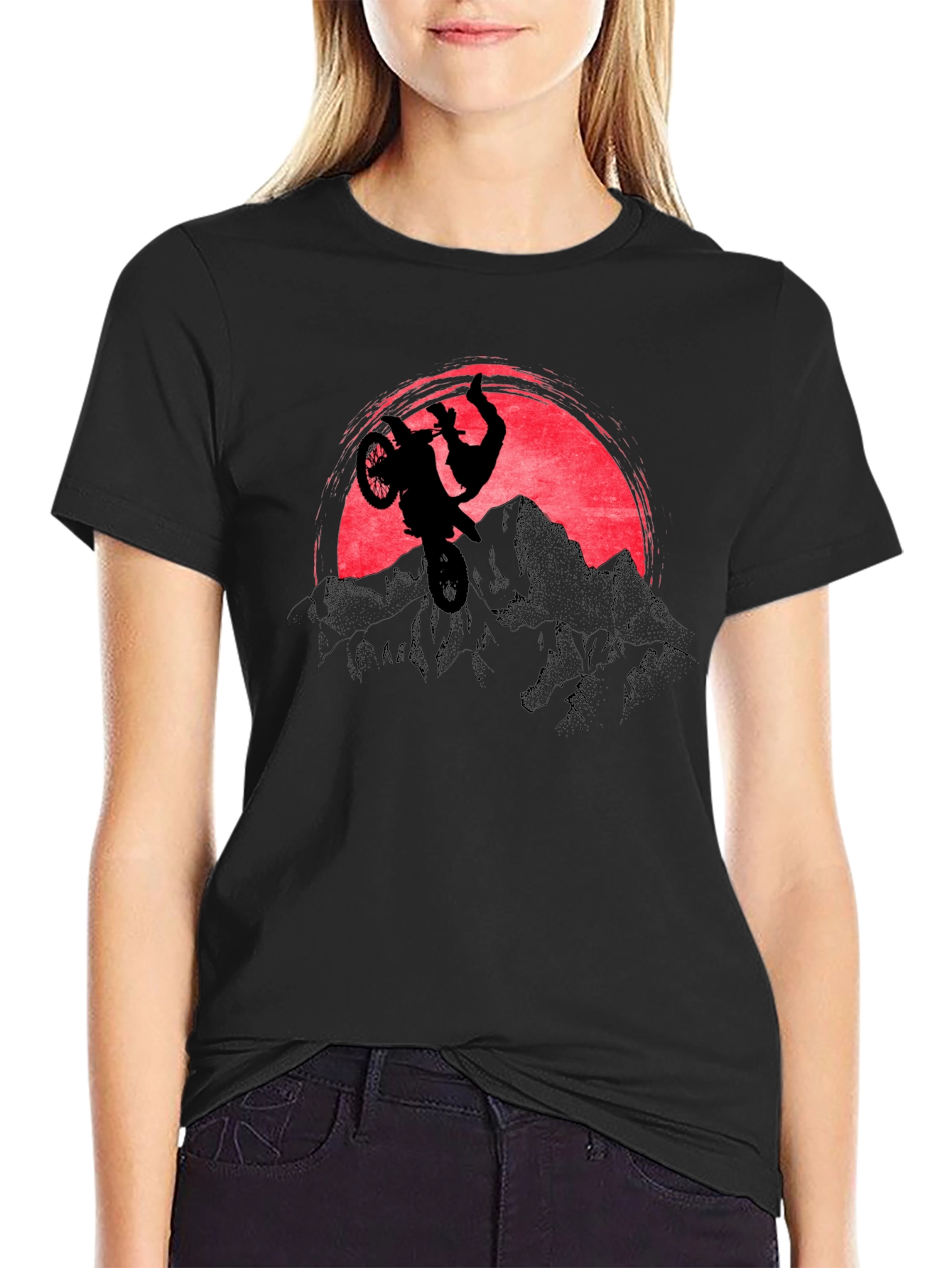 Motorcycle Stunt Graphic T-Shirt - Mountain Sunset Design