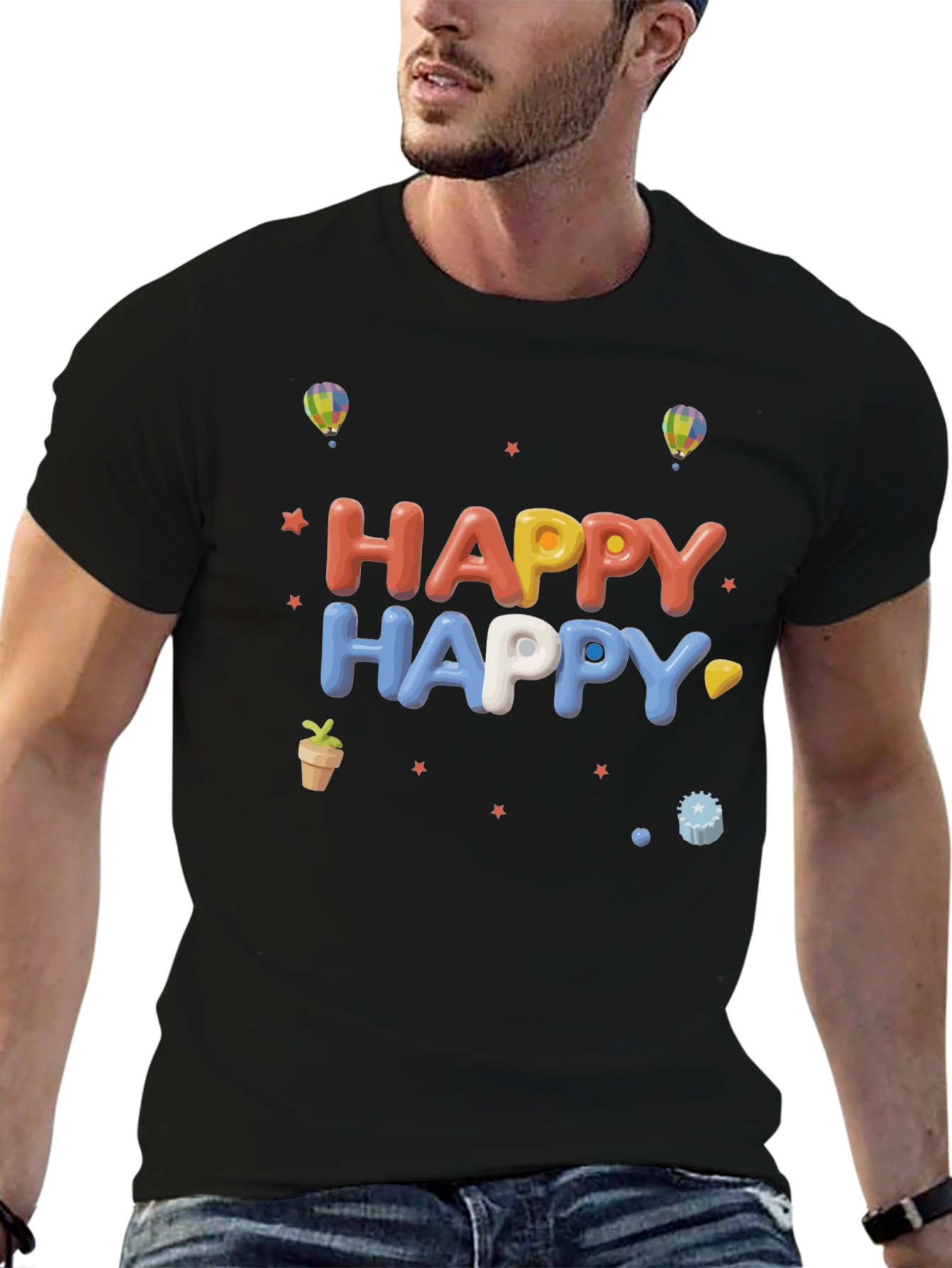 Happy Graphic Print Black T-Shirt