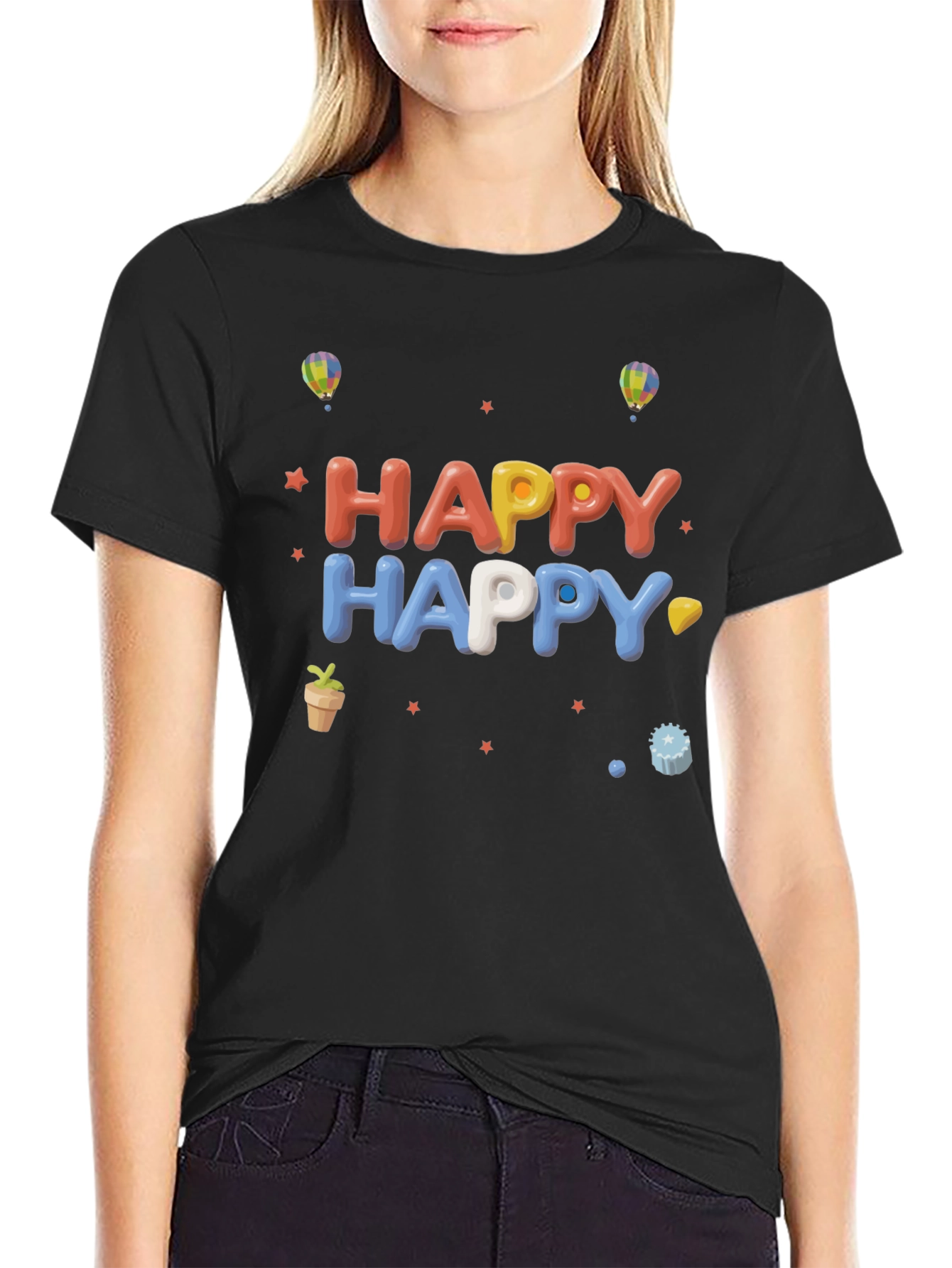 Happy Graphic Print Black T-Shirt