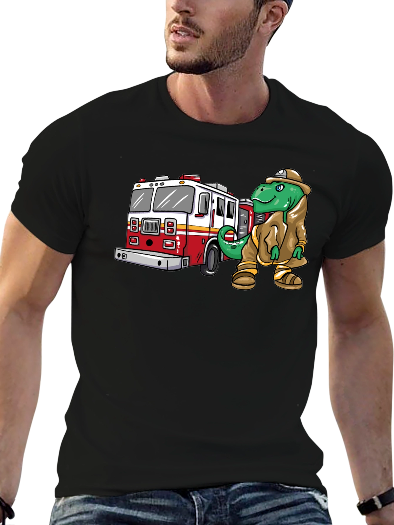 Dino Firefighter Graphic Tee - Black Cotton T-Shirt