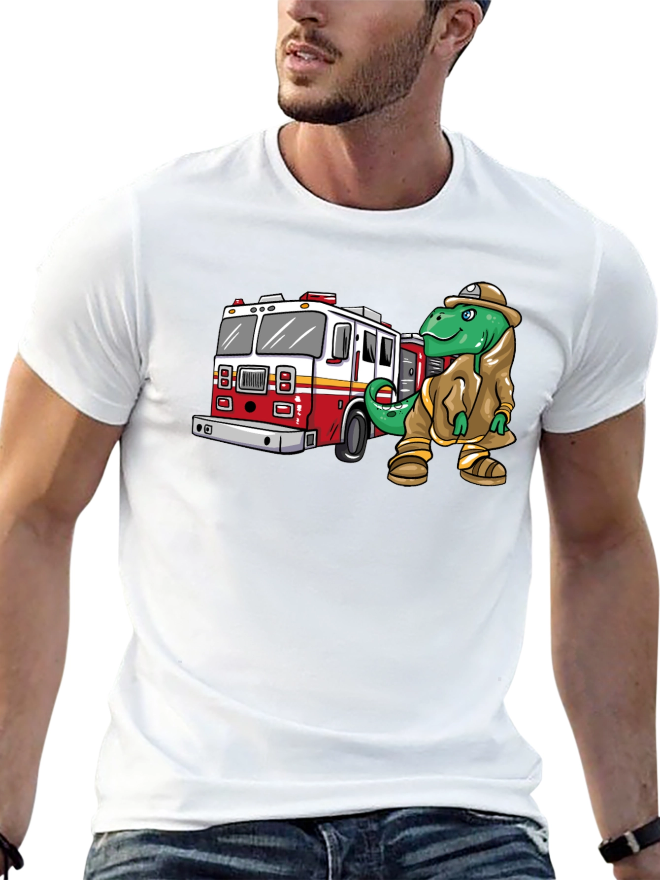 Dino Firefighter Graphic Tee - Black Cotton T-Shirt