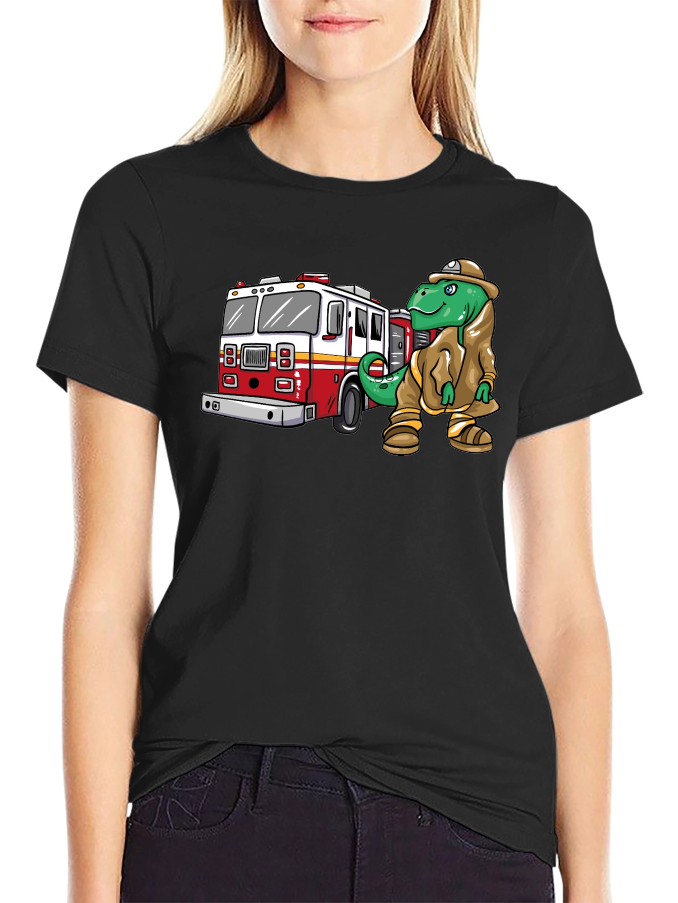 Dino Firefighter Graphic Tee - Black Cotton T-Shirt