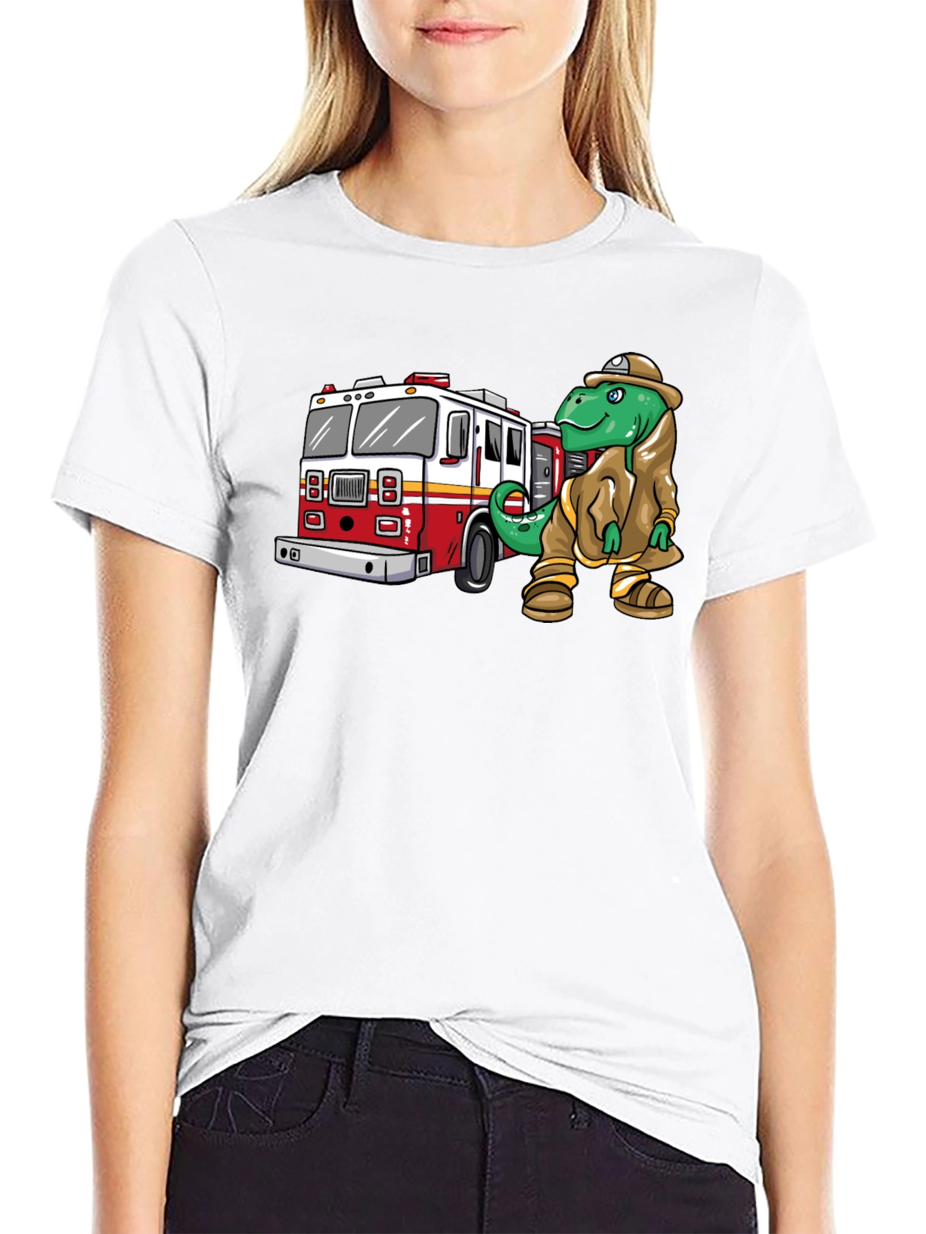 Dino Firefighter Graphic Tee - Black Cotton T-Shirt