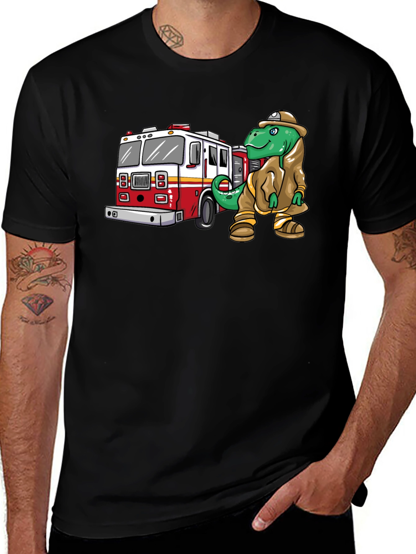 Dino Firefighter Graphic Tee - Black Cotton T-Shirt