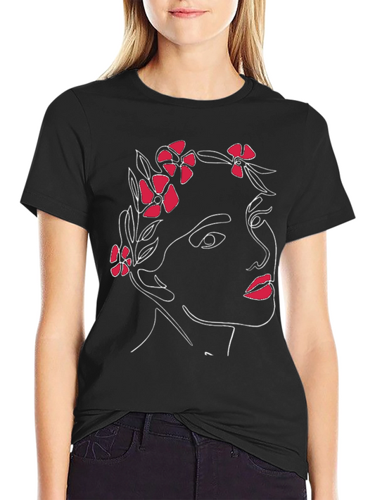 Minimalist Floral Woman Graphic Tee - Black Cotton Blend