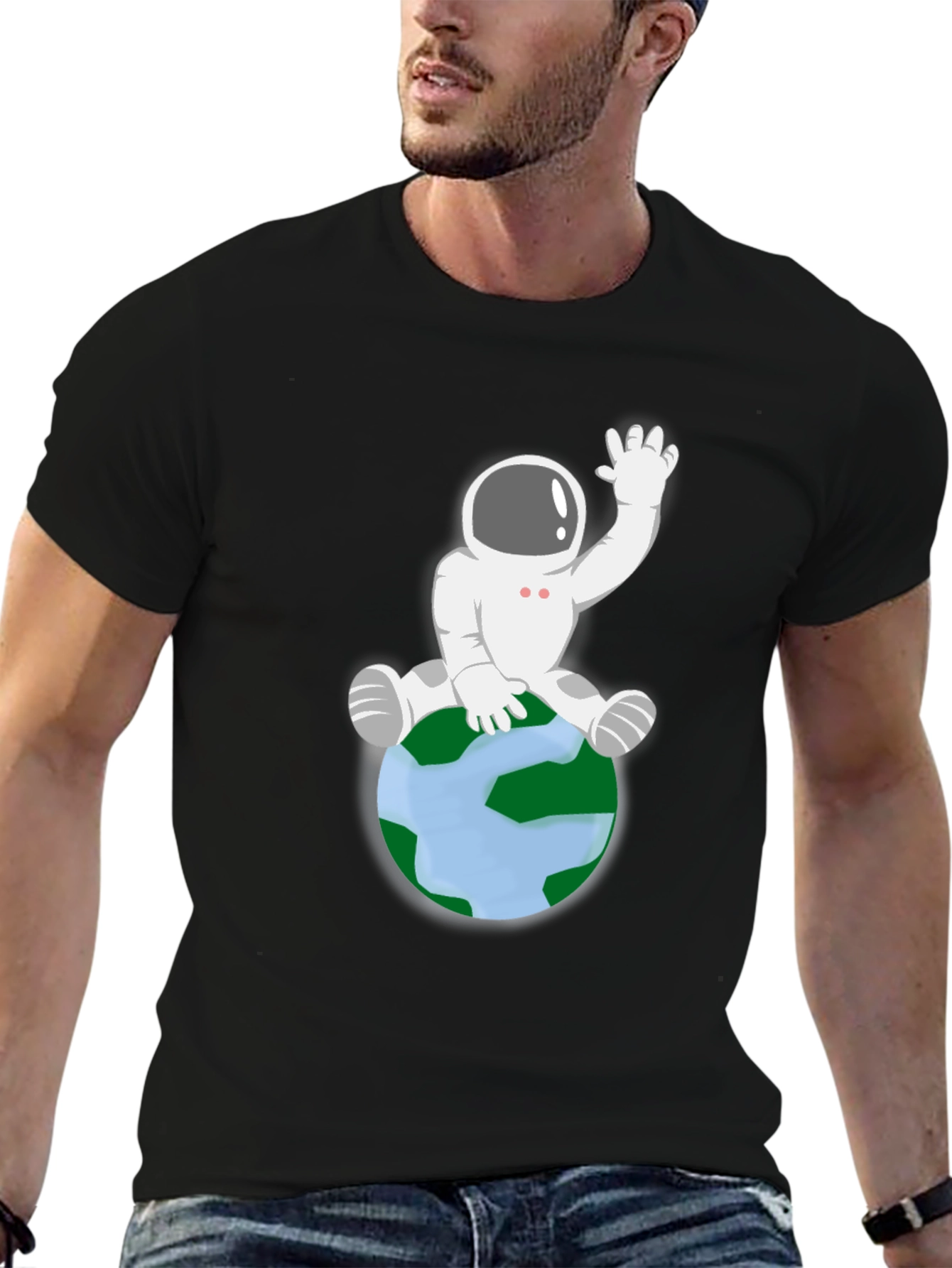 Astronaut Sitting on Earth Graphic Tee - Black