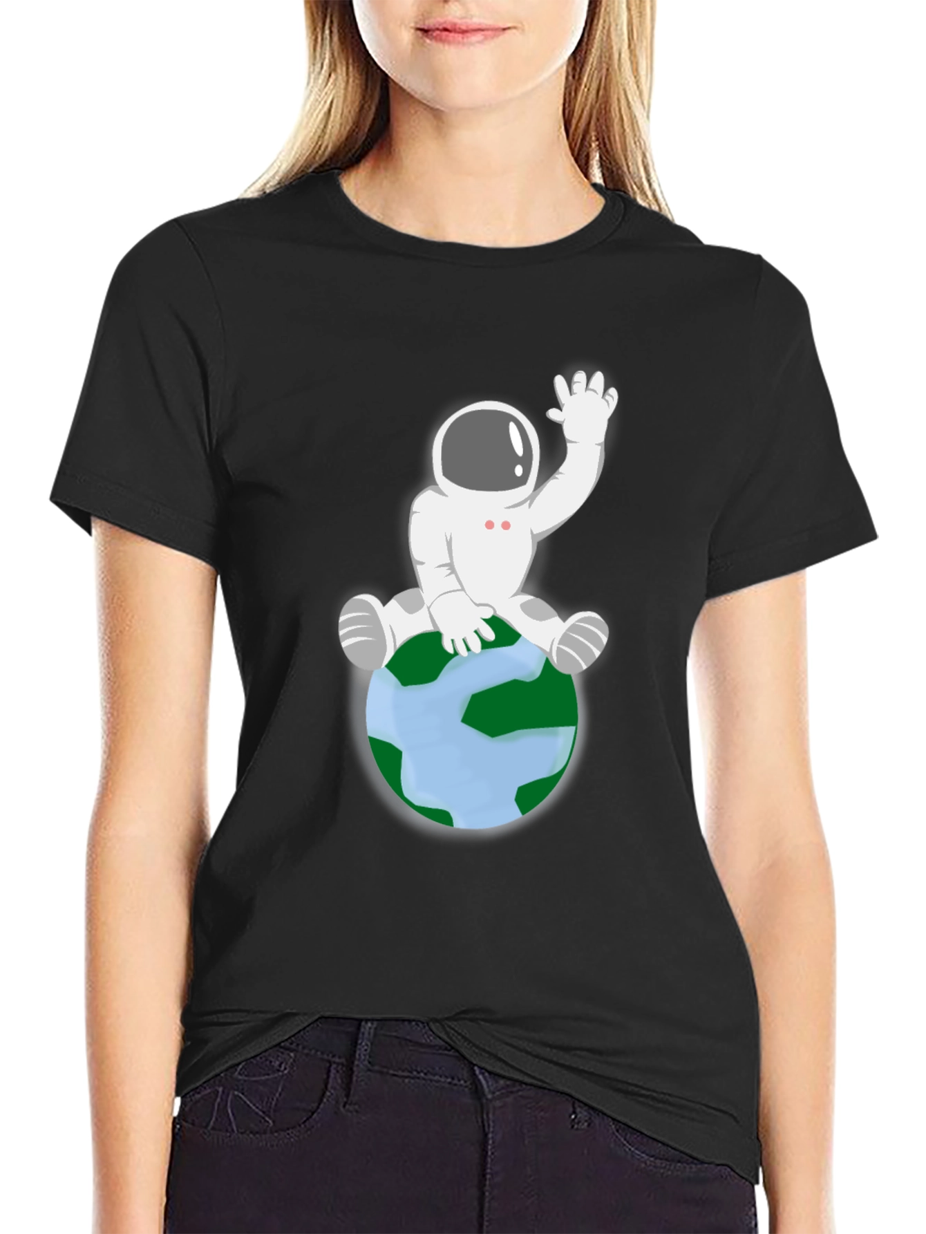 Astronaut Sitting on Earth Graphic Tee - Black