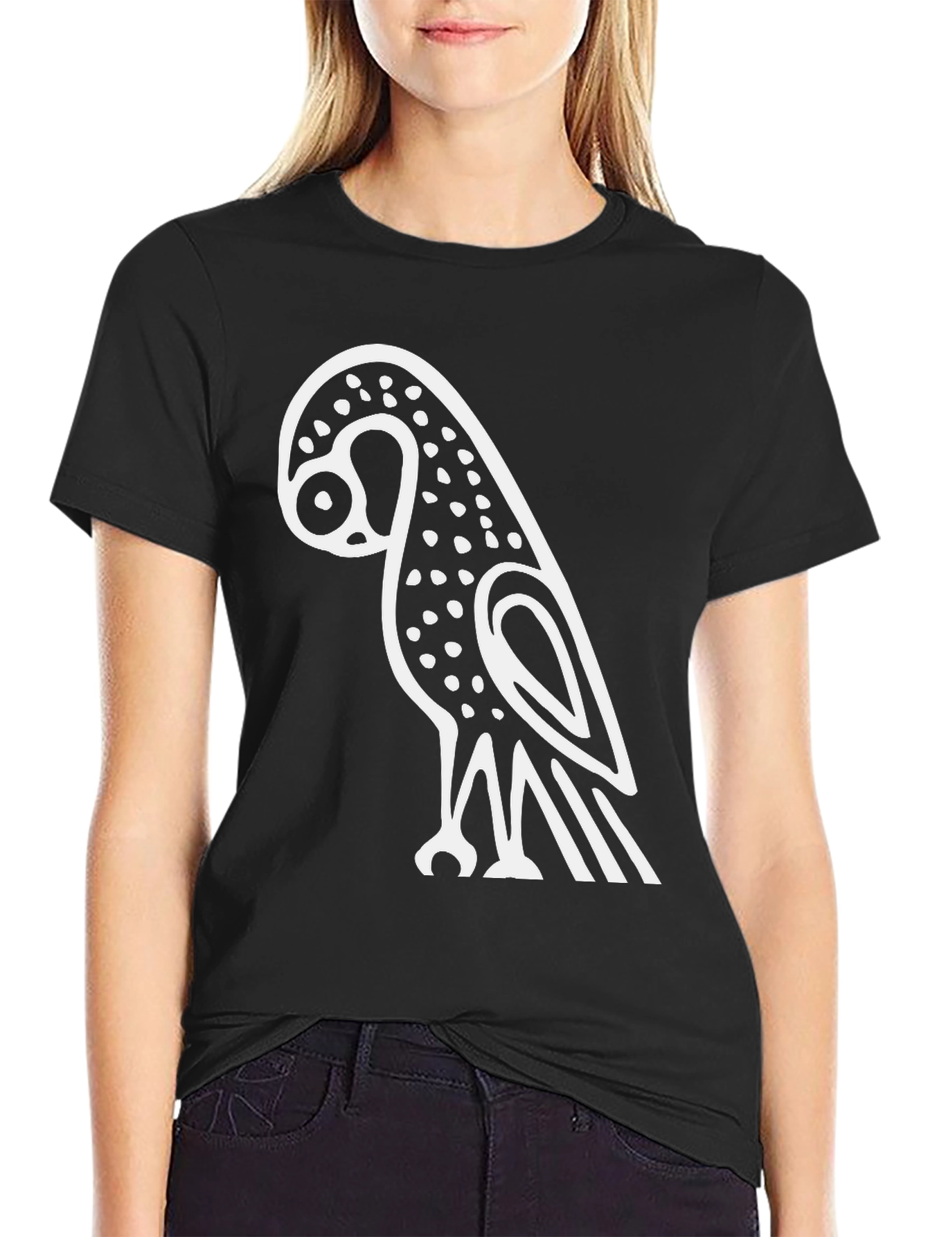 Stylized Owl Graphic Tee - Black Cotton Blend