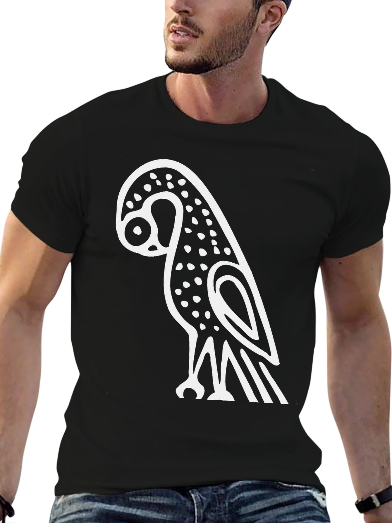 Stylized Owl Graphic Tee - Black Cotton Blend