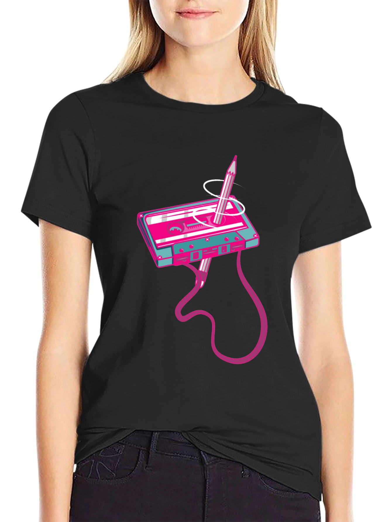 Retro Cassette Tape & Pencil Graphic T-Shirt