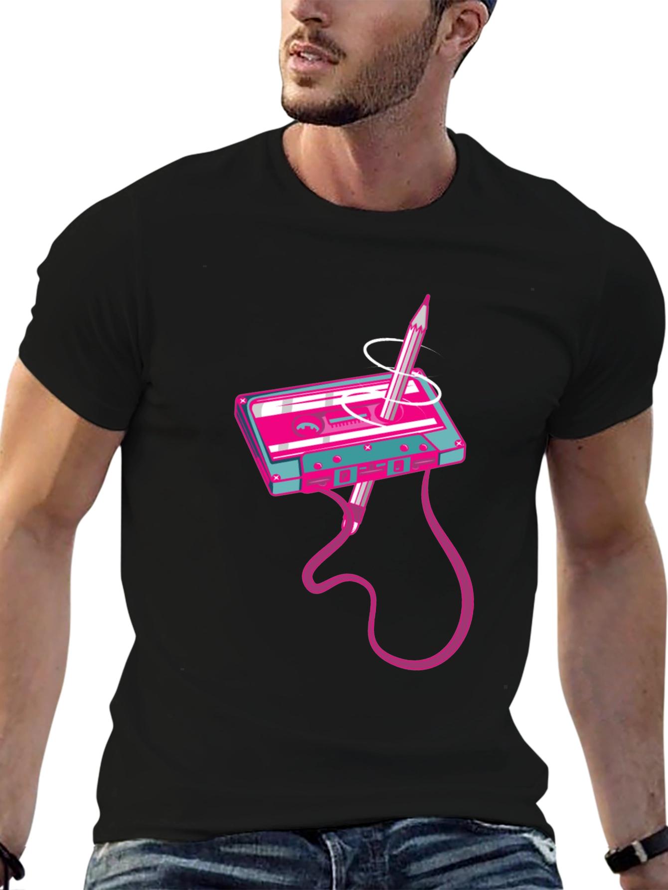 Retro Cassette Tape & Pencil Graphic T-Shirt