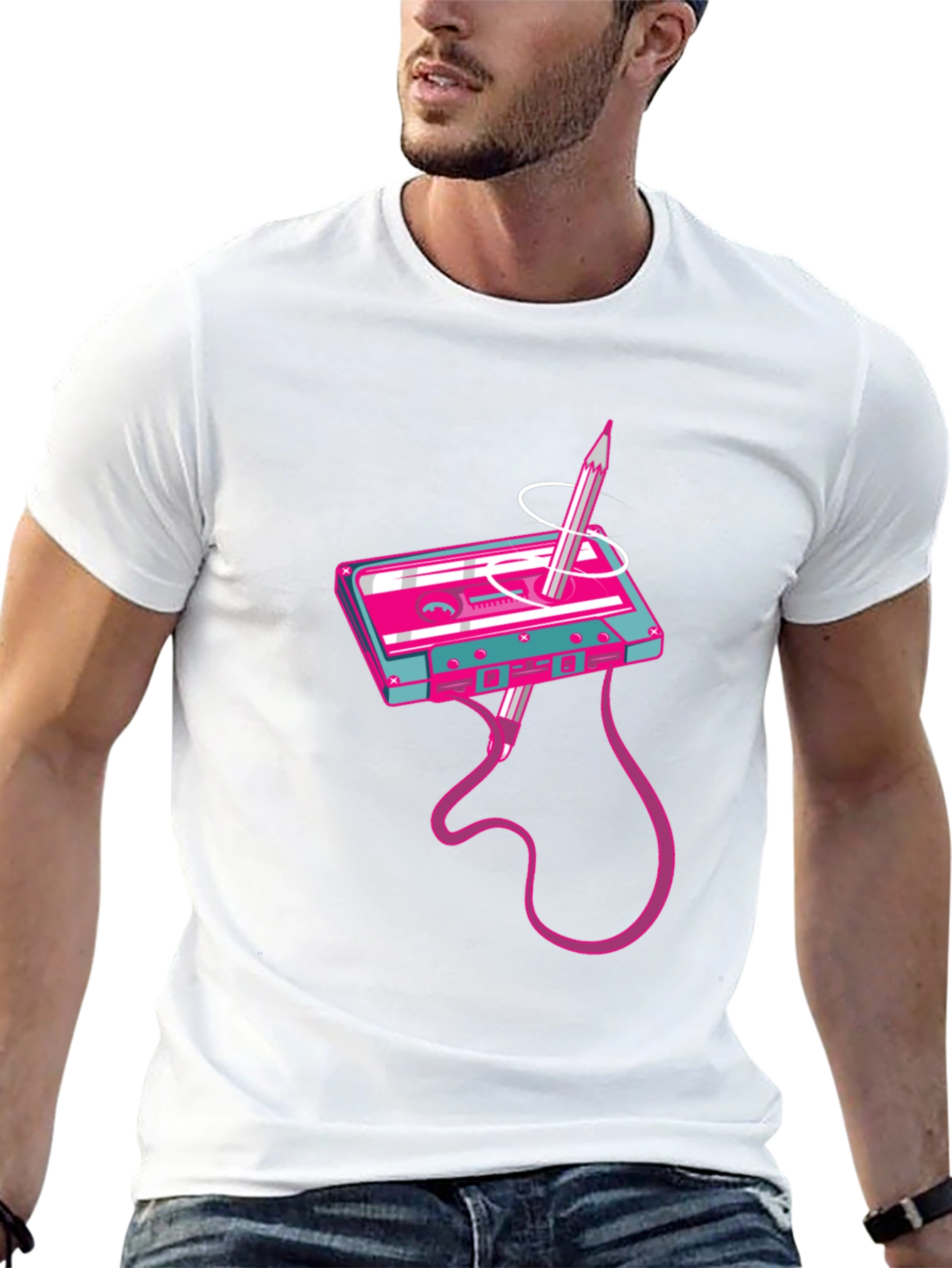 Retro Cassette Tape & Pencil Graphic T-Shirt
