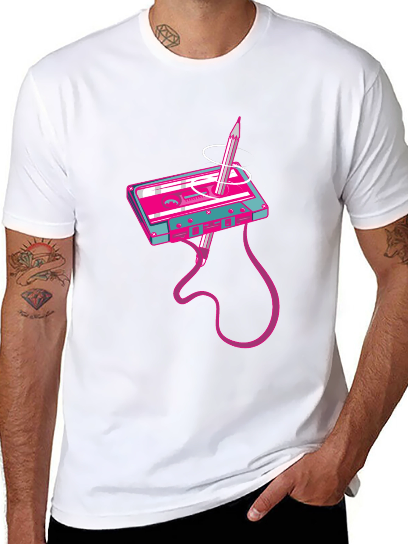 Retro Cassette Tape & Pencil Graphic T-Shirt