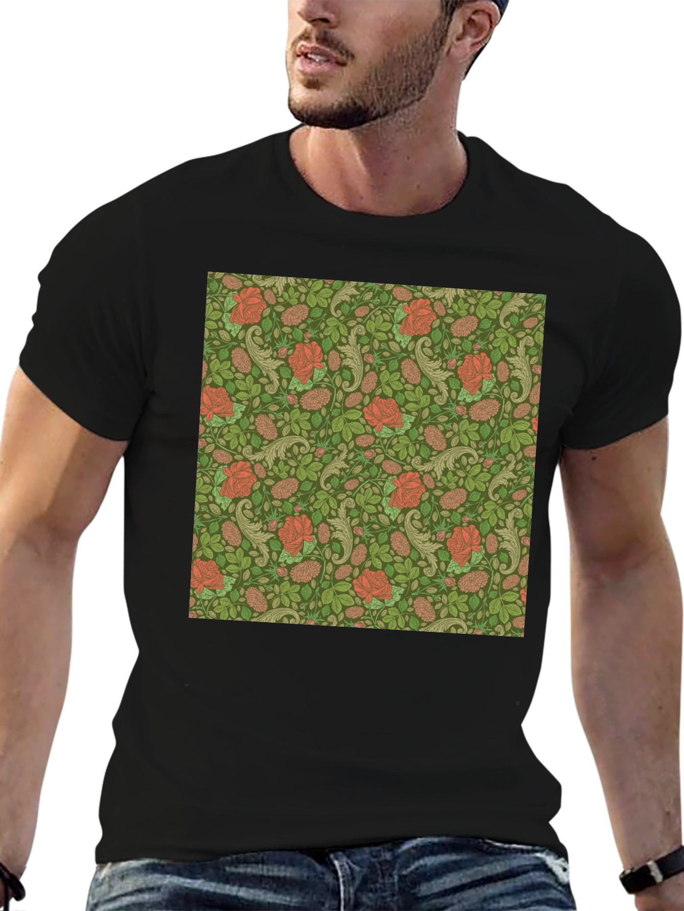 Floral Rose Print Mens Black T-Shirt