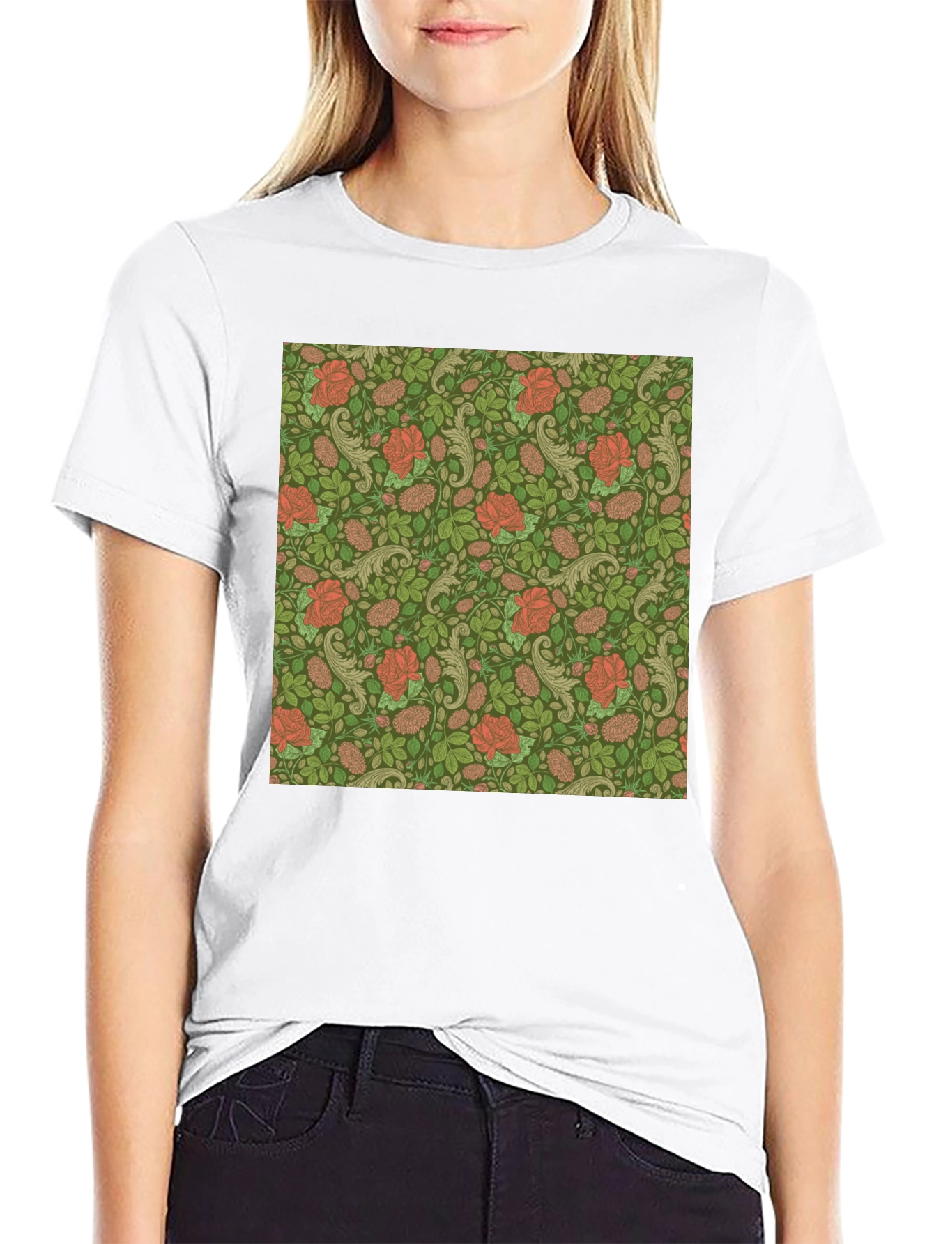 Floral Rose Print Mens Black T-Shirt