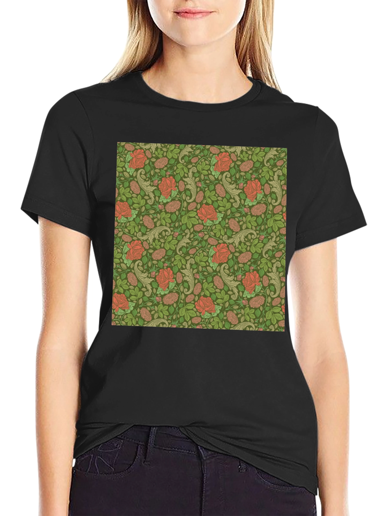 Floral Rose Print Mens Black T-Shirt
