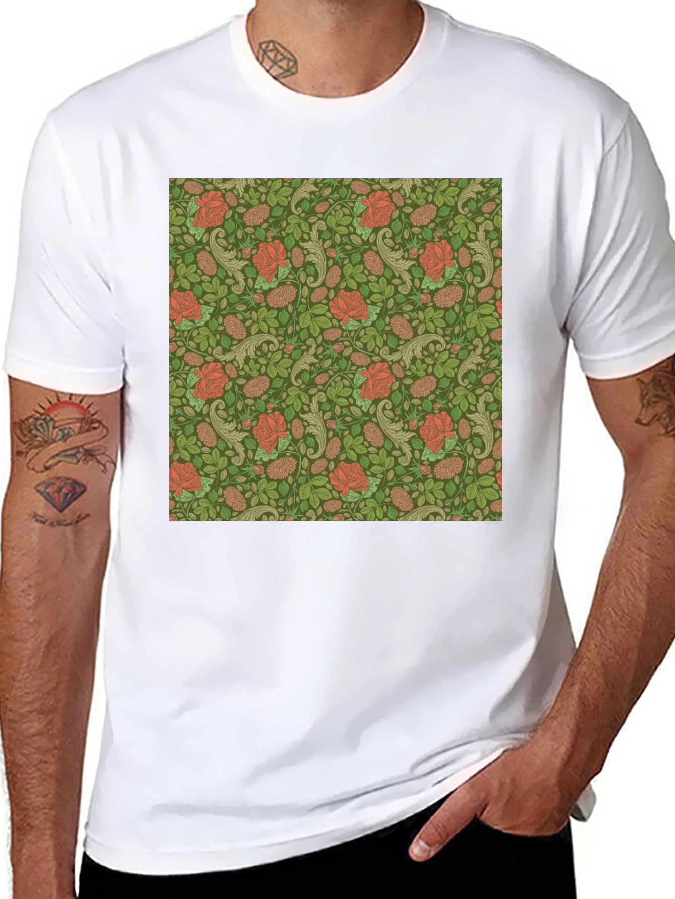 Floral Rose Print Mens Black T-Shirt