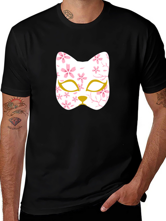 Floral Cat Mask Graphic Tee - Stylish Black T-Shirt