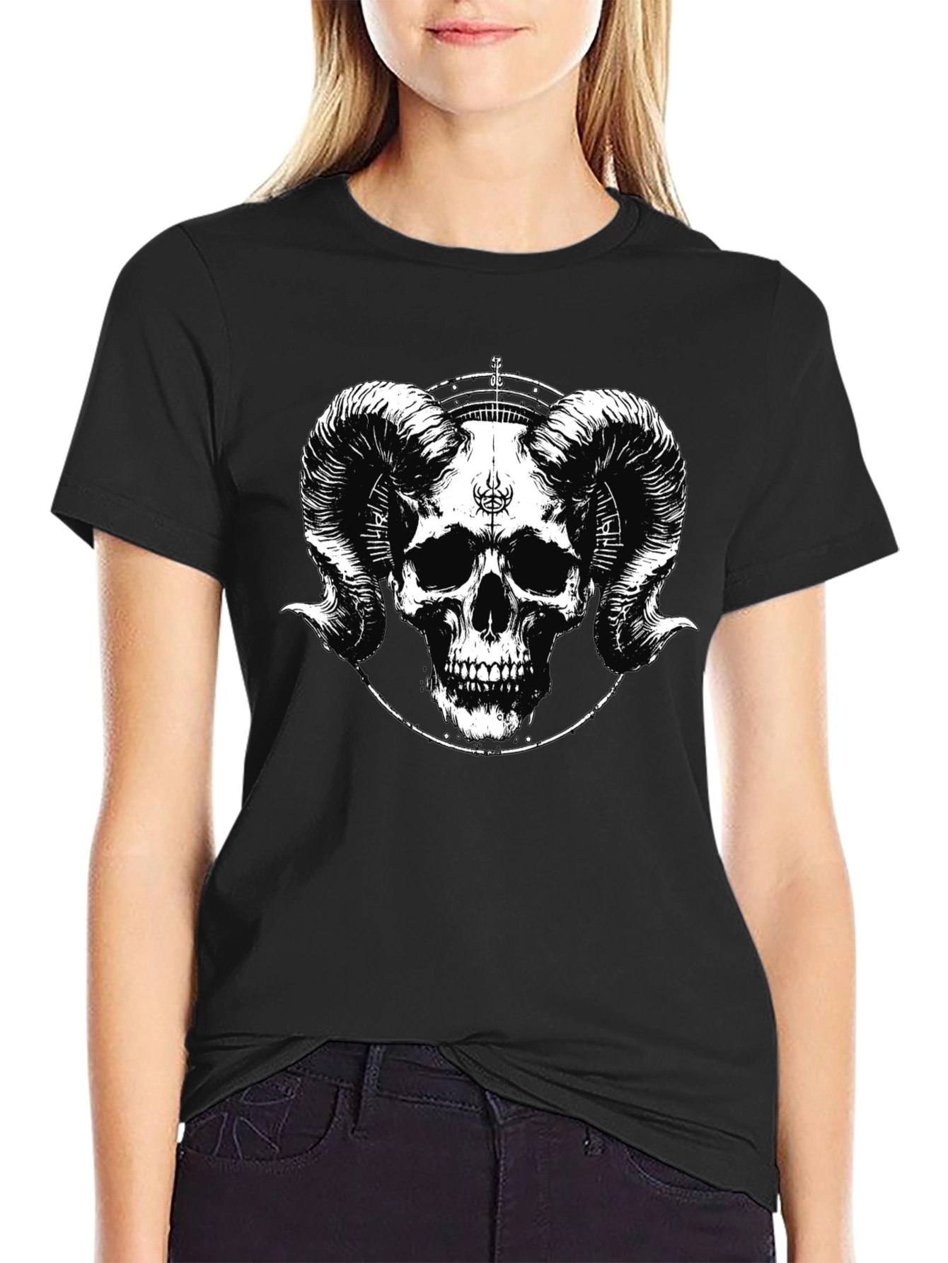 Skull & Horn Graphic Tee - Black Cotton