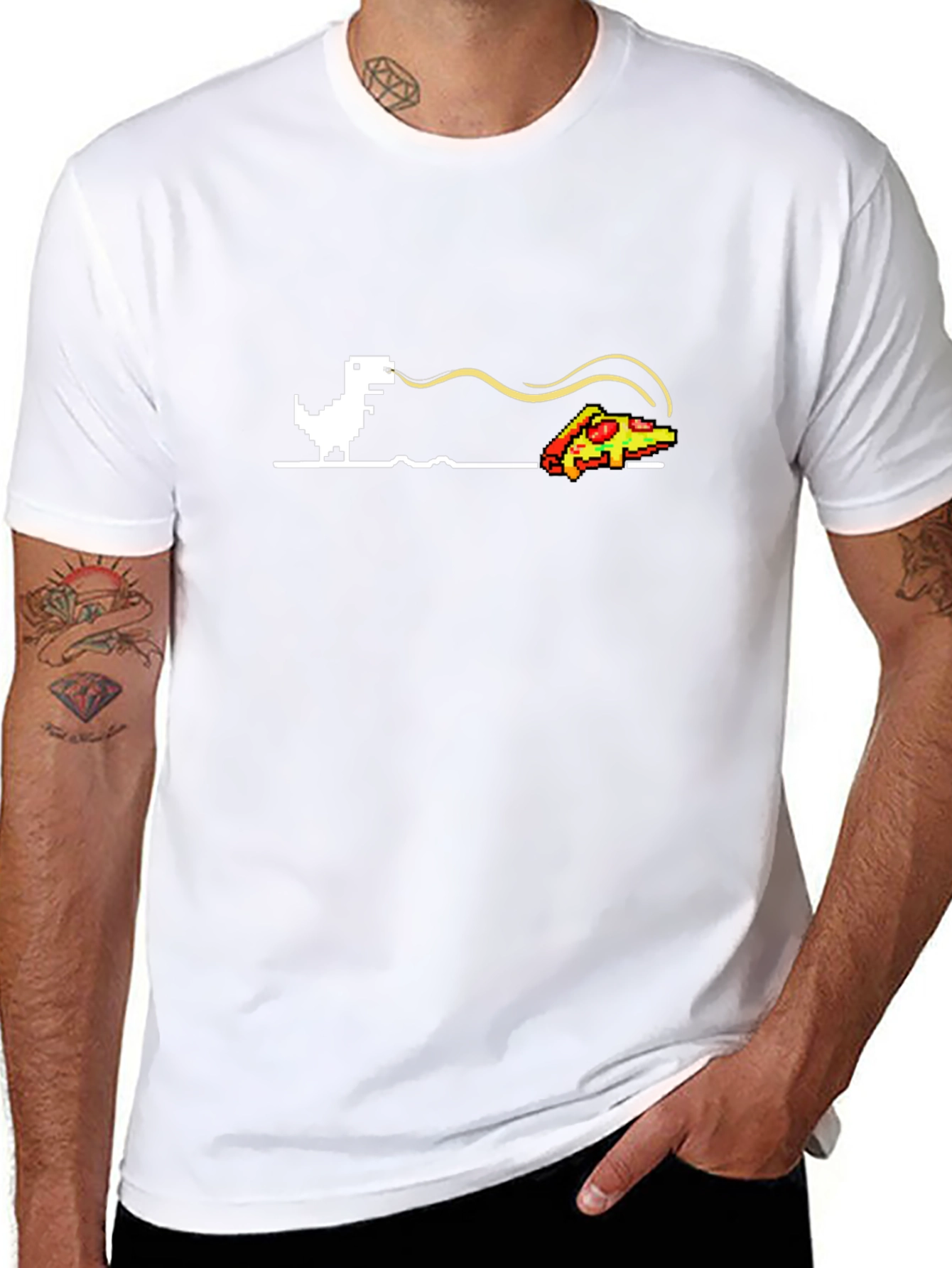 Pixel Dinosaur Pizza Run Black T-Shirt