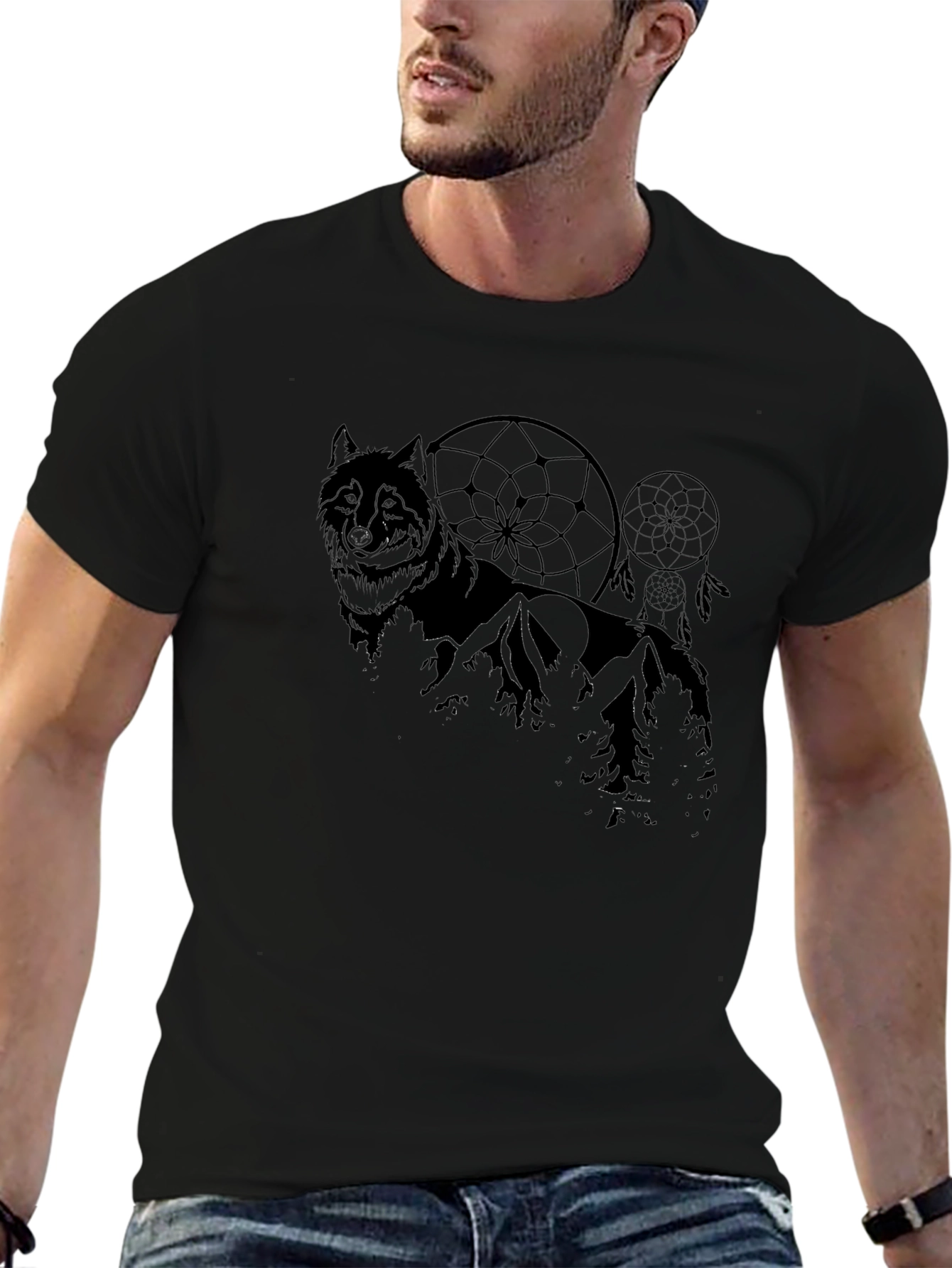 Wolf & Dreamcatcher Graphic Black T-Shirt