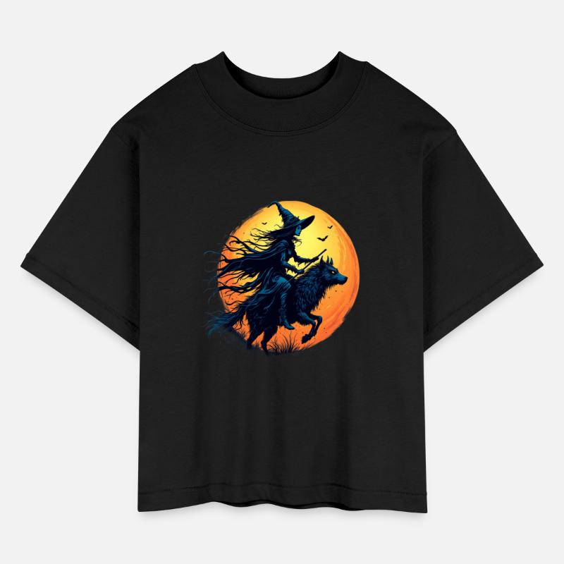 Halloween Witch Riding a Wolf Under Full Moon