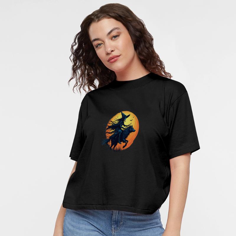 Halloween Witch Riding a Wolf Under Full Moon