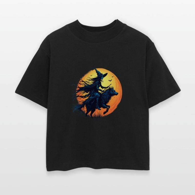 Halloween Witch Riding a Wolf Under Full Moon