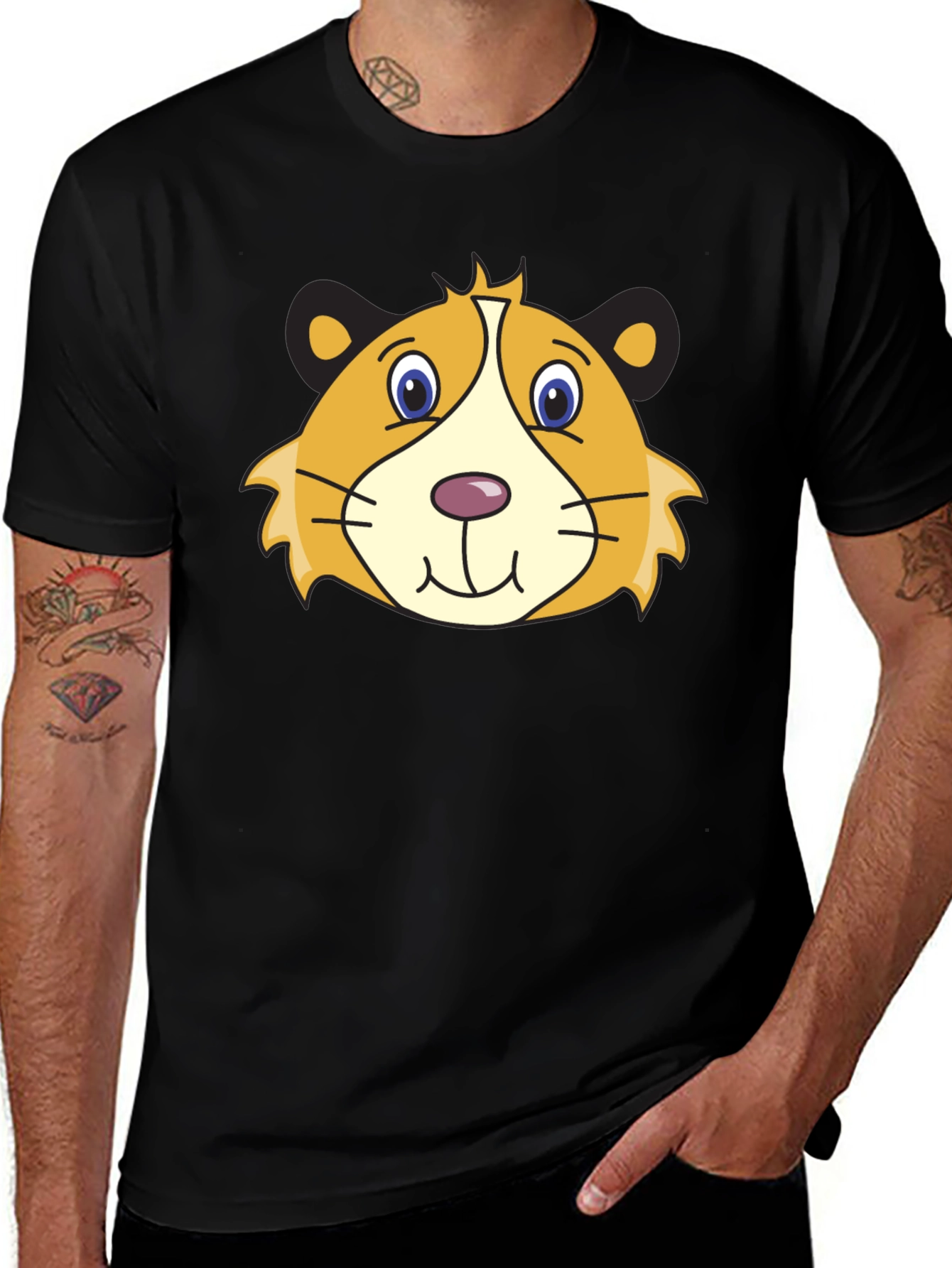 Cartoon Guinea Pig Graphic Tee - Black Cotton T-Shirt