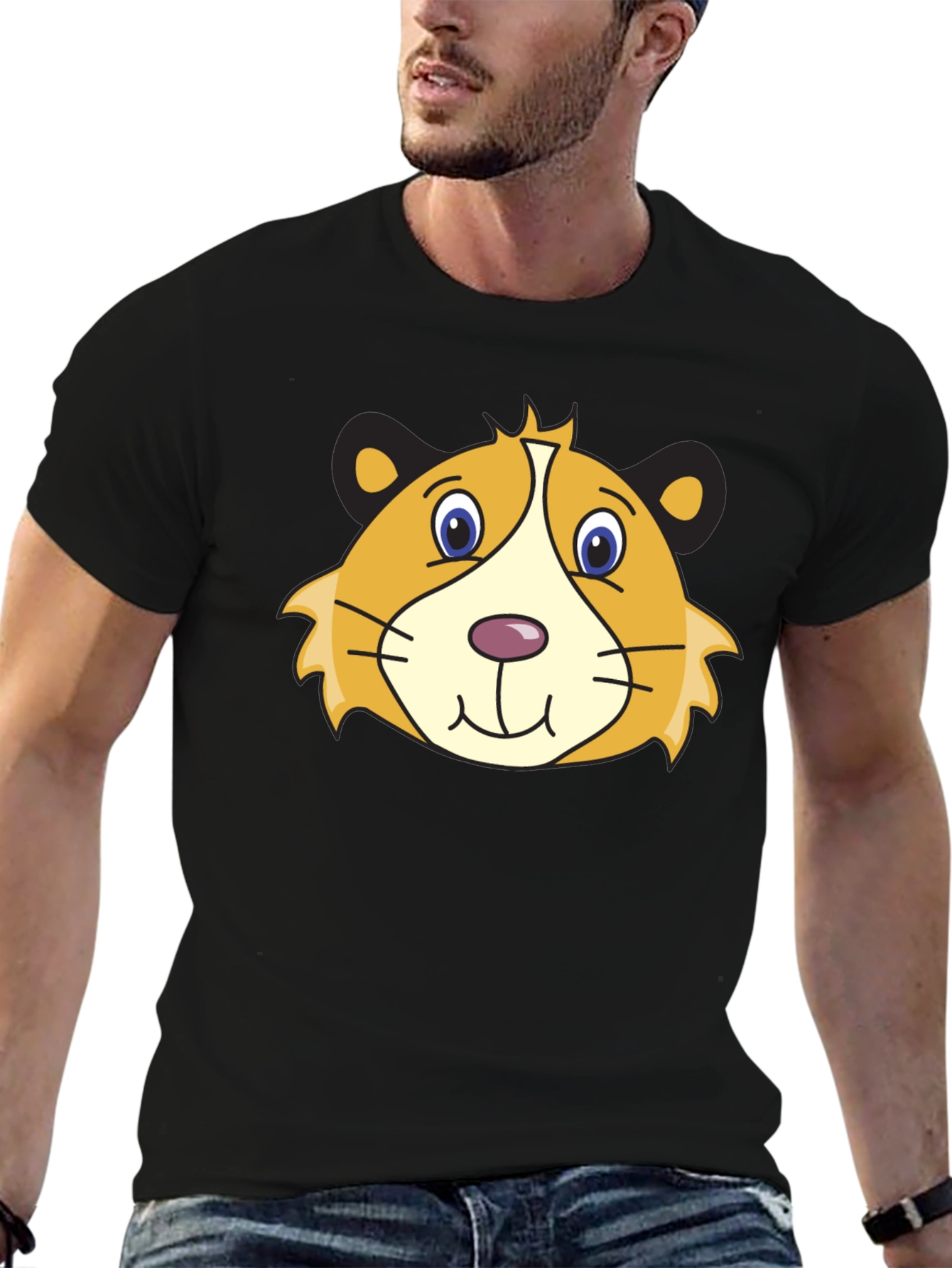 Cartoon Guinea Pig Graphic Tee - Black Cotton T-Shirt