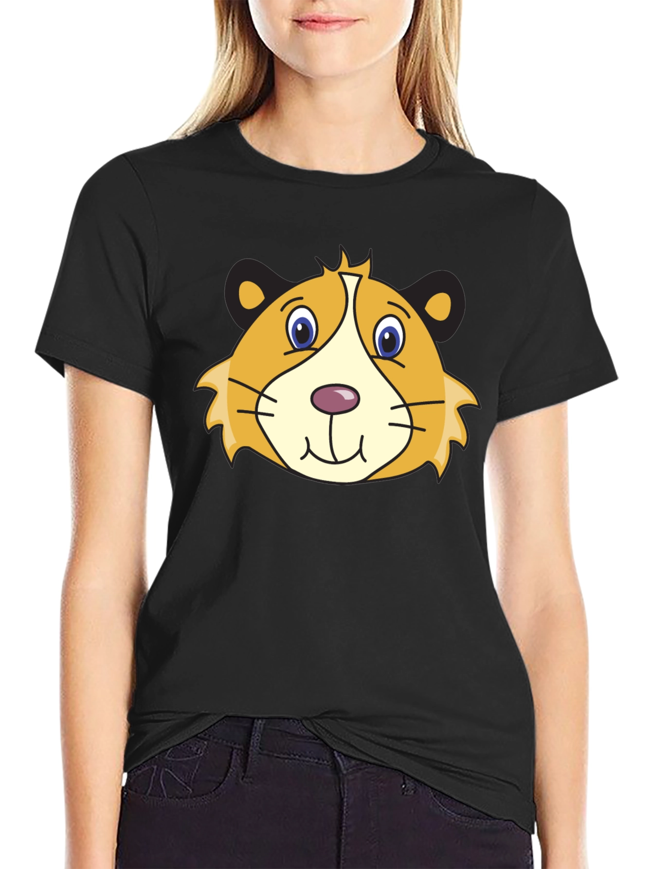 Cartoon Guinea Pig Graphic Tee - Black Cotton T-Shirt