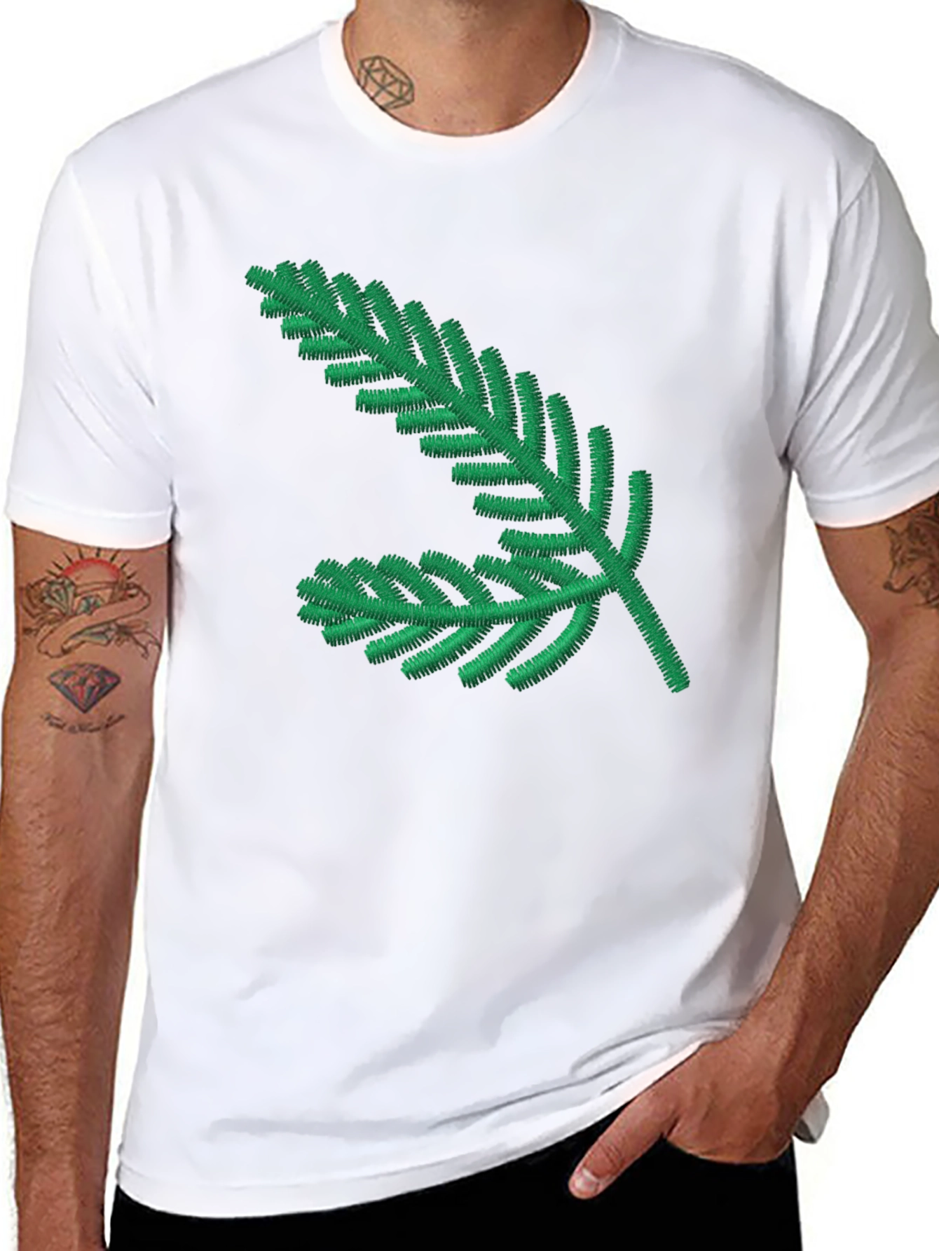 Green Pine Branch Black T-Shirt