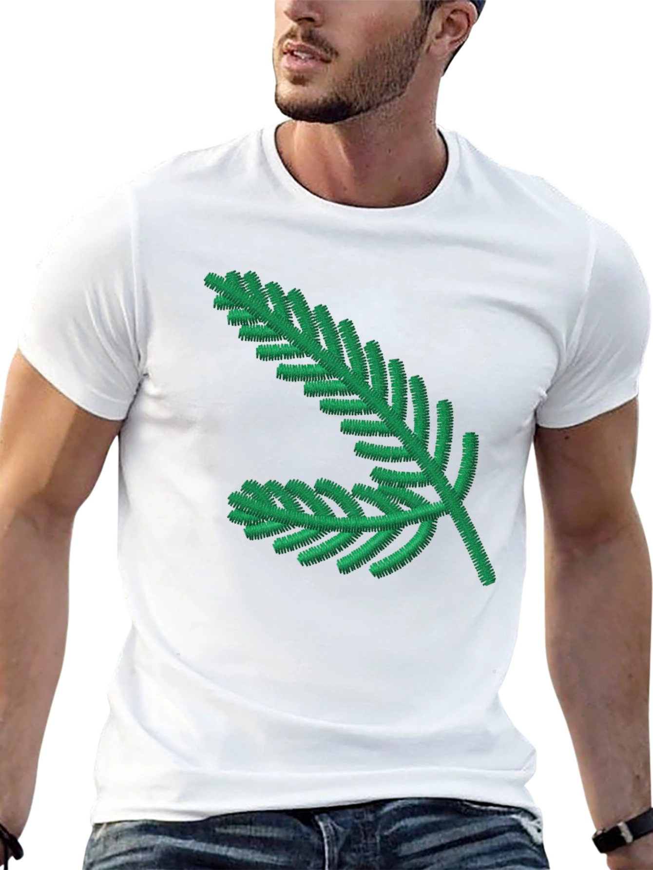 Green Pine Branch Black T-Shirt
