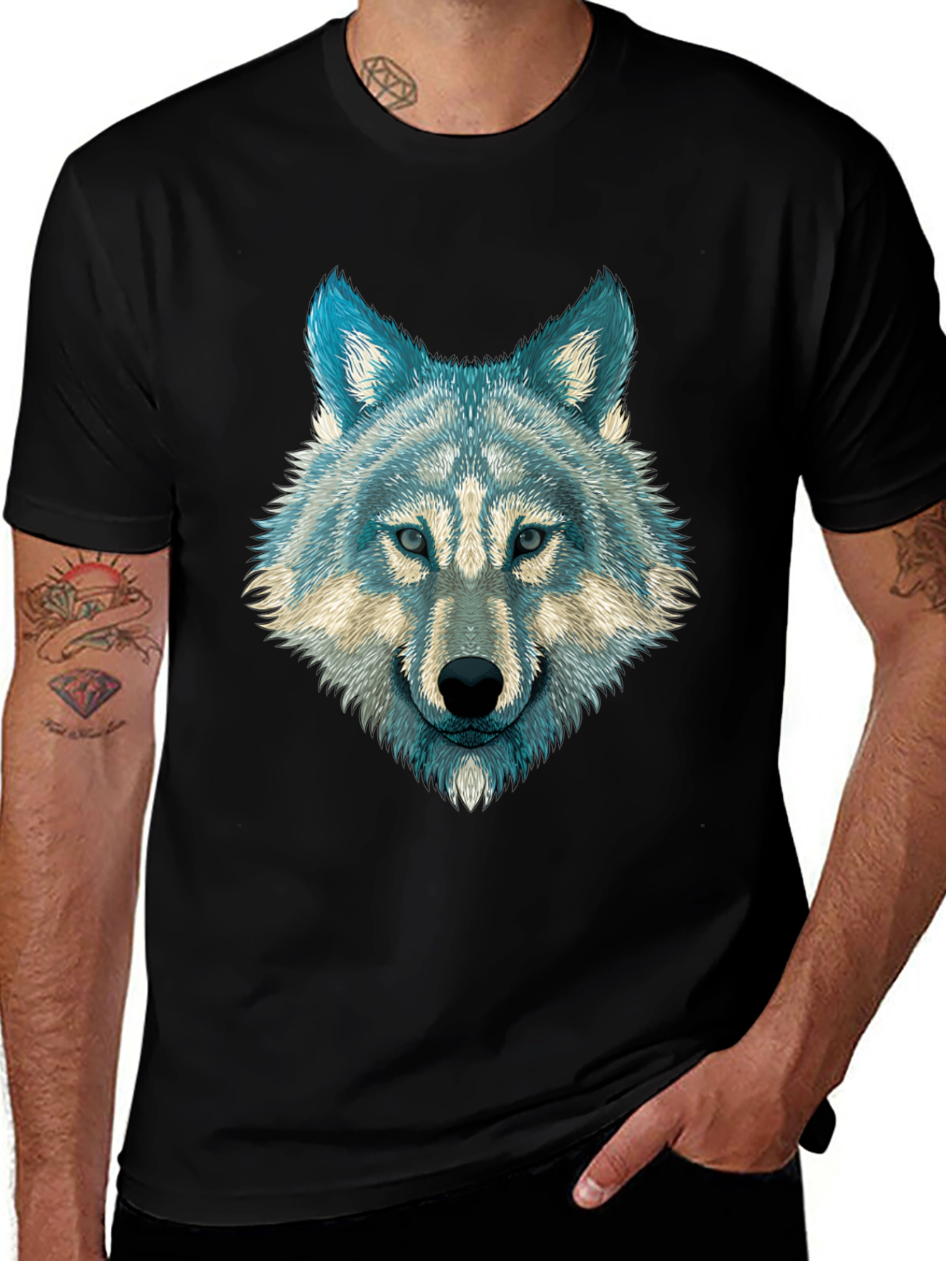Wolf Graphic Print Mens T-Shirt - Black